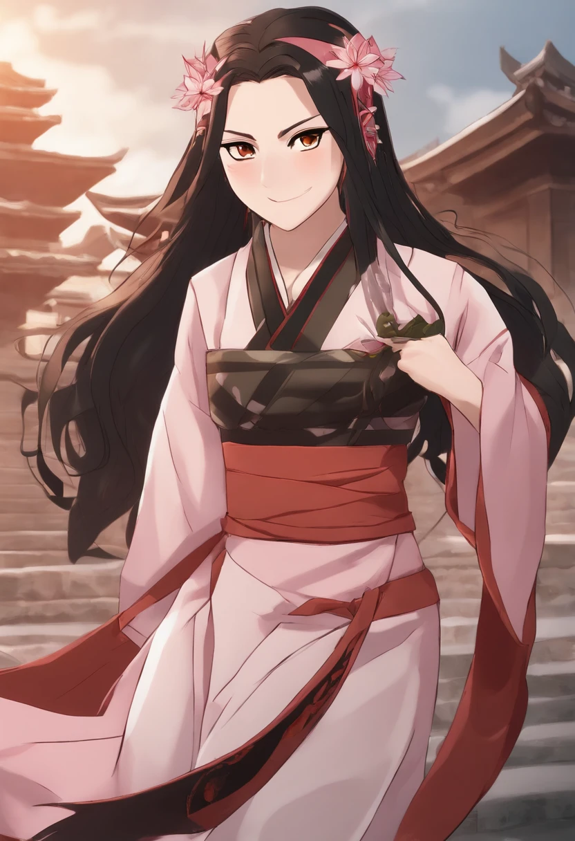 She is usually seen wearing a bamboo gag in her mouth to prevent her from biting humans.

Nezuko has fair skin, long black hair that fades to orange at the ends, and pale pink eyes that are slanted downward. She also has visibly large fangs and sharp nails that are light pink at the base and red at the tips. She wears a light pink kimono with a hemp leaf pattern, a red and white-checkered obi, and an orange obijime. She also carries a small wooden box on her back, where she sleeps during the day.

Nezuko’s appearance changes slightly depending on her mood and state. When she is calm and docile, she looks like a normal human girl, except for her eyes and fangs. When she is angry or protective, she transforms into a more demonic form, where her eyes become more slit-like, her hair becomes more fiery, and her nails grow longer. She also gains a white horn on her forehead and a vine pattern on her body. In this form, she can use her blood as a weapon, creating explosive flames or sharp needles.

Nezuko is one of the main characters of Demon Slayer, a popular manga and anime series that follows the adventures of Tanjiro and his friends as they fight against demons and try to find a cure for Nezuko. You can find more information about Nezuko and Demon Slayer from these sources: Kimetsu no Yaiba Wiki, Nezuko Kamado/Image Gallery, Nezuko’s New Demon Form in Demon Slayer Explained, Demon Slayer: 15 Things You Didn’t Know About Nezuko Kamado, How to Do a Perfect Nezuko Cosplay (the Right Way).