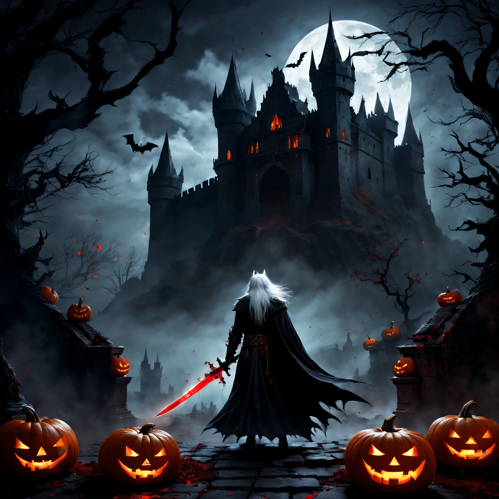 Terrible Spirit Knight,Holding a menacing sword,Draped in a black, torn robe,Long white hair,luminous red eyes,Intimidating presence,((Blood splattered)),Dark and mysterious,Twisted branches,The mist rolled in,The red moon illuminates the scene,(Dimly lit castle),Old stone building,A lonely path that leads to the entrance to the castle,(Pumpkin head:1.3),dark palette,Subtle orange and red,Crumbling tombstones,Remote location,mystical aura,(the bats:1.1),Bats fly overhead,(black cats:1.1),hauntingly beautiful.(Best quality,4K,A high resolution,Masterpiece:1.2),Ultra-detailed,Realistic