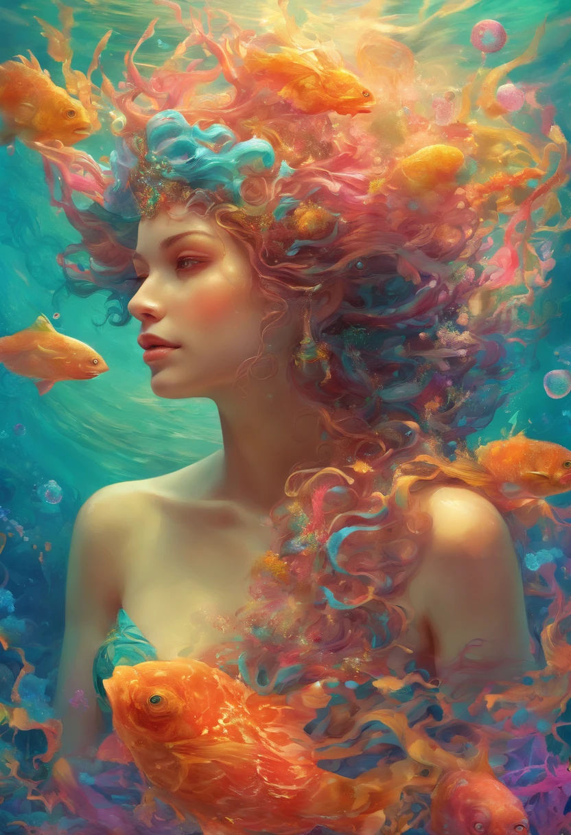 (best quality,4k,highres,masterpiece:1.2),ultra-detailed,(realistic,photorealistic,photo-realistic:1.37),female water elemental,water flesh,water composition,coral surroundings,iridescent colors,aqua lighting,fantasy style,surreal,ethereal,reflection,flowing movement,translucent,serene expression,liquid form,magical atmosphere,underwater scene,detail-rich scales,glistening droplets,floating hair,breathtaking beauty,graceful pose,tranquil background,deep sea,seaweed tendrils,soft glows,subtle shadows,gentle waves,sea pearls,submerged statues,hidden treasures,otherworldly,enchanted,secrets of the depths,peaceful ambiance