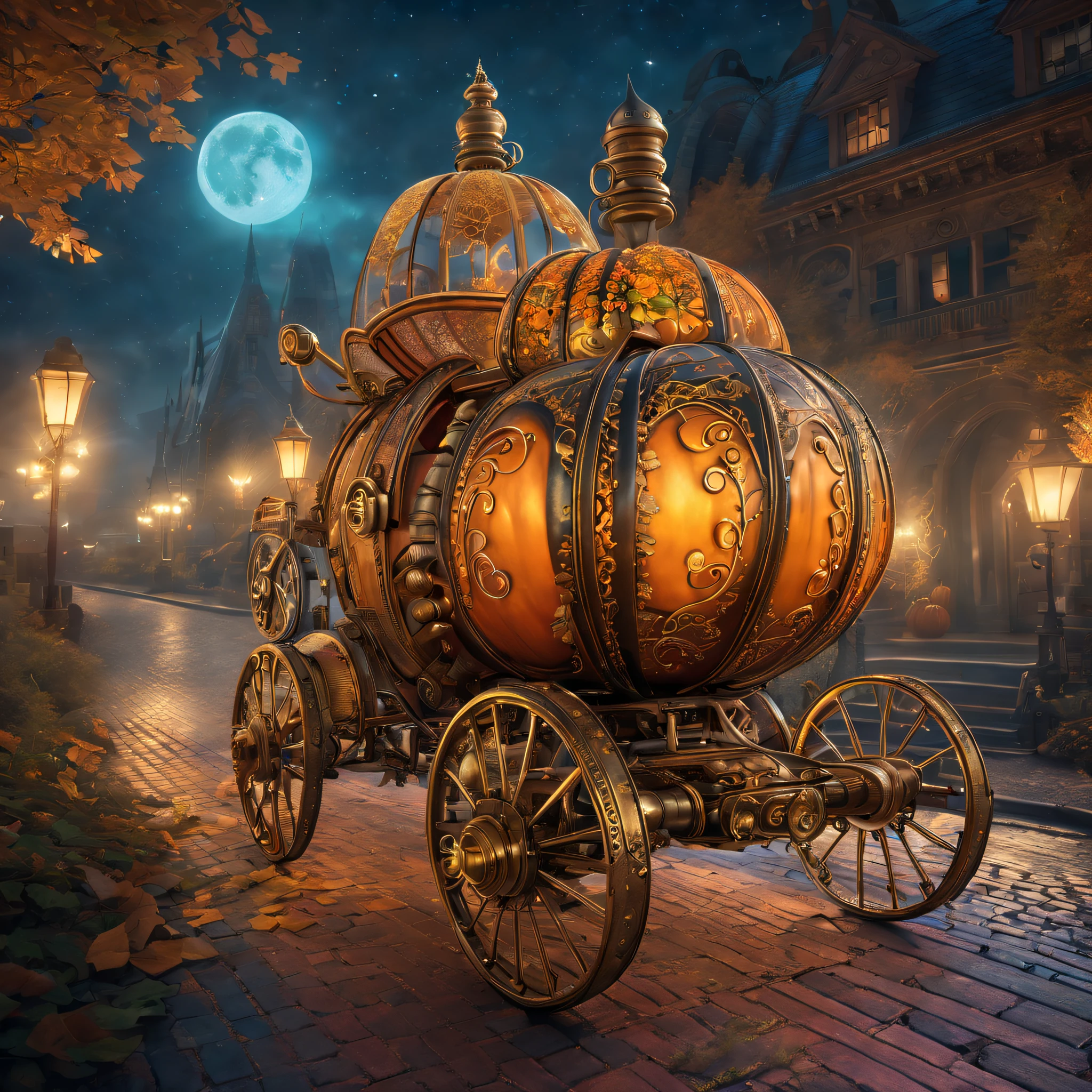 high-res, HDR, ultra-detailed, vintage futuristic pumpkin carriage, antique, steampunk, detailed carved pumpkin decorations, vintage brass lanterns, intricate metalwork, ornate wooden wheels, elegant Victorian style, mystical atmosphere, ethereal glow, magical twilight, enchanting vine-covered surroundings, dusky sky, dreamlike, whimsical, glowing neon lights, retro-futuristic, vibrant colors, surreal, otherworldly, romantic moonlit pathway, cascading golden leaves, whimsical steam-powered mechanisms, intricate clockwork designs, mystical fog, finely crafted leather seats, aged rusty gears.