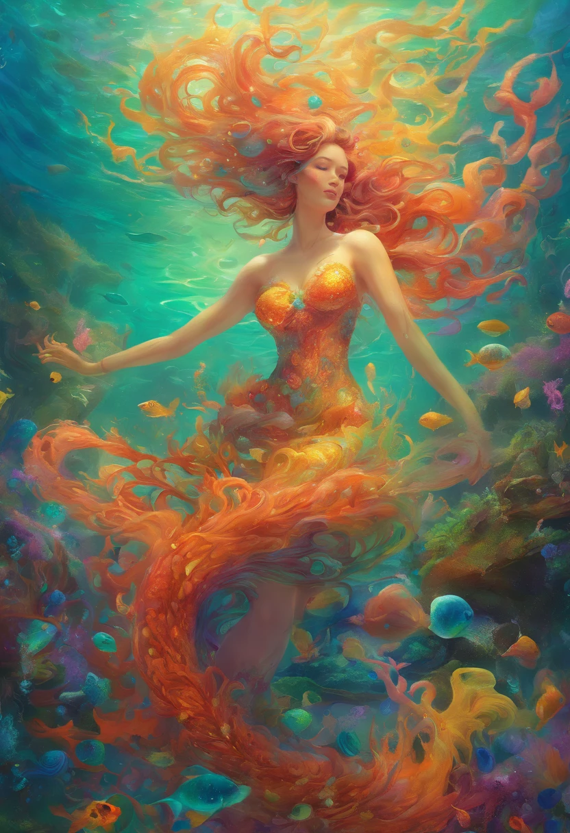 (best quality,4k,highres,masterpiece:1.2),ultra-detailed,(realistic,photorealistic,photo-realistic:1.37),female water elemental,water flesh,water composition,coral surroundings,iridescent colors,aqua lighting,fantasy style,surreal,ethereal,reflection,flowing movement,translucent,serene expression,liquid form,magical atmosphere,underwater scene,detail-rich scales,glistening droplets,floating hair,breathtaking beauty,graceful pose,tranquil background,deep sea,seaweed tendrils,soft glows,subtle shadows,gentle waves,sea pearls,submerged statues,hidden treasures,otherworldly,enchanted,secrets of the depths,peaceful ambiance