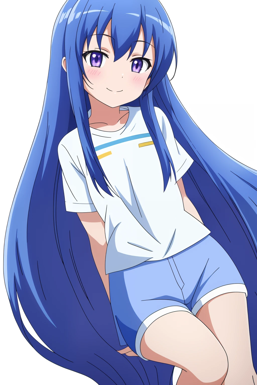 8K, tmasterpiece, the anime, Blue hair, extra very long hair, violet eyes, white tshirt, blue shorts, white stockings, light skin, ssmile, closed mouth, whitebackground