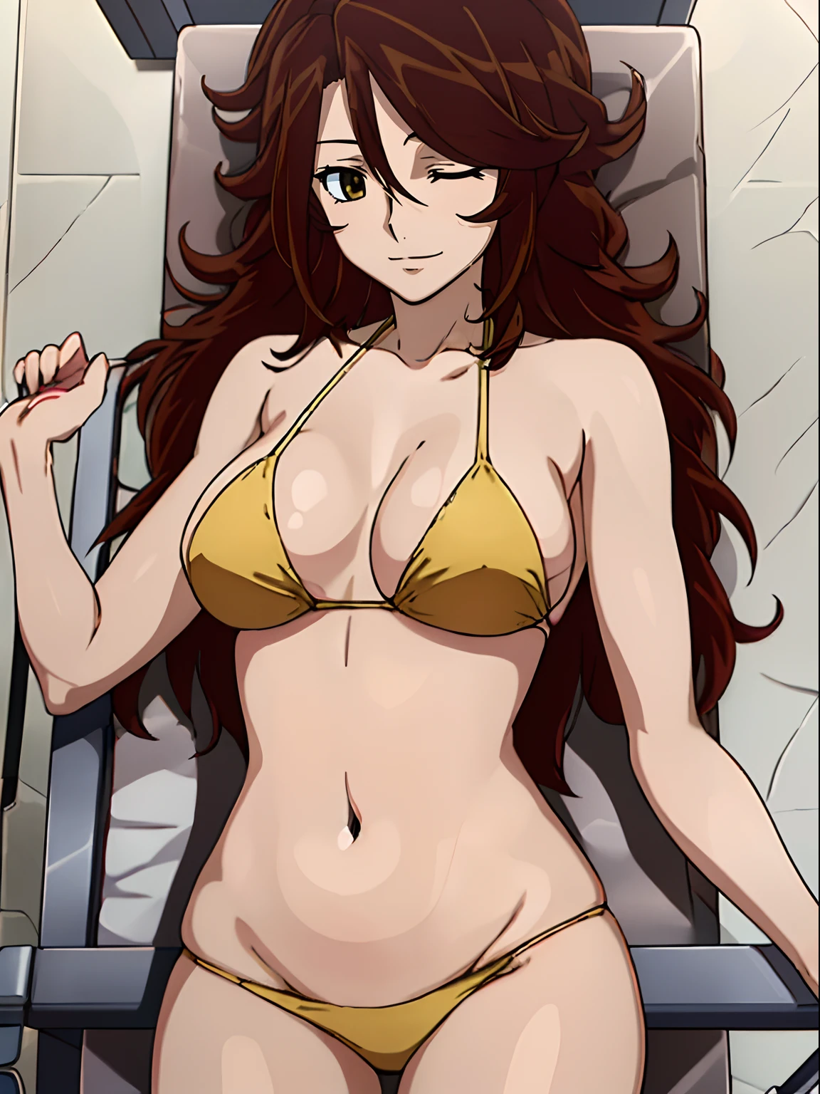 Elegant lady, anime style: 1.8, anime drawing, ultra detailed face, ultra detailed body, 4k, Sumergai Lee Noriega, ((sleeping down on medical stretcher, lying down on medical stretcher), closed eyes), best quality, anime style, hires, highest definition, digital blending, bold drawing lines, (location: beach, sunbathing), ( slim body, (little biceps), , off-shoulders, closed fists, (curvy: 2.8)), ((broken bikini, (chaps))), victorious, winner, gentle, (pale skin, shiny skin, very big breasts, smile), (big eyes, brown eyes), (brown hair, loose hair), 27 years old,