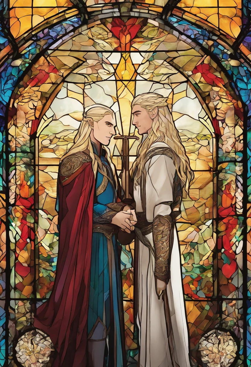 Lee Pace as Thranduil and Orlando Bloom as Legolas facing each other