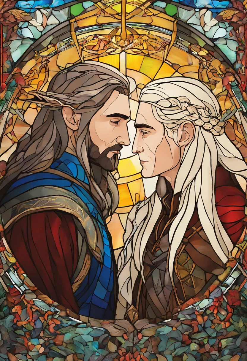 Lee Pace as Thranduil and Orlando Bloom as Legolas facing each other