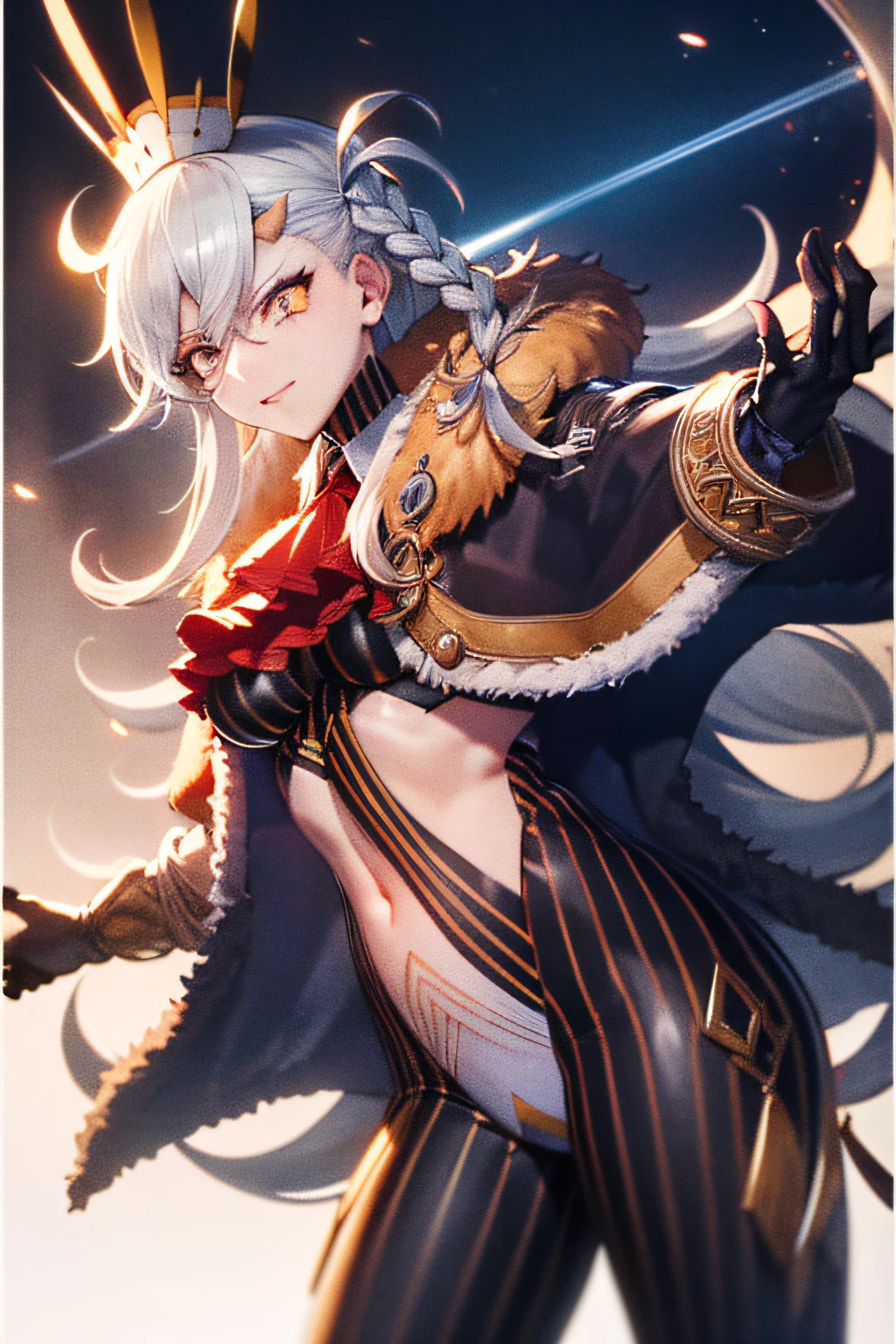 Olga Maria, FGO, Grande Ordem do Destino, Olga Marie Animusphere, rosto envergonhado, shy face, rosto feliz, rosto sorridente, boca parcialmente aberta, timidez, sorriso, feliz, {{{{master part}}}}, {{{hiper detalhado}}}, {{{Altas}}}, {{boa anatomia}}, (((melhor qualidade))), ((um extremamente delicado e bonito)), {{um extremamente detalhado e delicado}}, {Papel de parede CG 8k}, {arte deslumbrante}, Original, maduro, ((tiro de meio corpo)), ((pale skinned)), ((Rosto perfeito)), ((Rosto em alta qualidade)), (profundidade de campo), corpo altamente detalhado, (((master part))), (extremely high quality artwork), Rosto detalhado, Obra, melhor qualidade, incredibly absurdness, ((melhor qualidade)), (ultra-detalhado), (belos olhos detalhados), hiper intrincado,  extremamente detalhada, belos olhos detalhados, olhos vibrantes, ray tracing, [[[cores vibrantes]]], da cintura para cima, garota, foco nítido, [[melhor qualidade]], Dynamic angle, profundidade de campo, dynamic light, 1 girl, (( cabelos longos, Cabelos lisos)), cabelo sedoso, dynamic hair, medium breasts, sharp eyes, long eyelashes, Black pantyhose, dynamic lights, raios de deus, cinematographic lightning, (ultra-detalhado:1.3), fundo nublado, (estilo de capa:1.3), fashionable, vibrante, traje, Posando, frente, colorido, Dynamic, Background Story, Elementos, confiante, innocent expression, propriedade, statement, accessory, majestoso, Enrolada, ao redor, Tocar, cena, Texto, cobrir, commanding attention, title, elegante, fonte, Cativante, manchete, maior, contundente, moderno, na moda, foco, moda