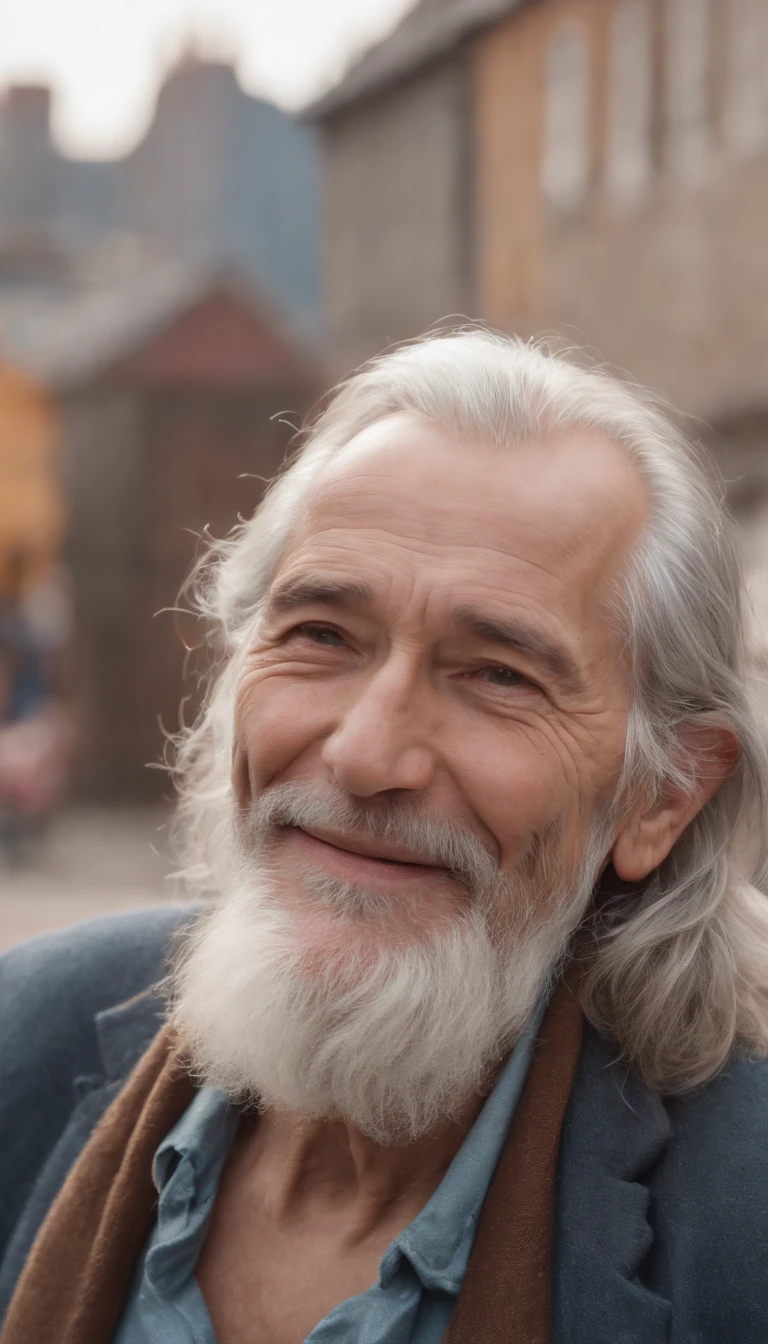 ((super high quality)), 8K, 50mm sony lens, an old man, long grey hair, looking like a homeless, smile in happiness, lift a gold rock in his right hand, doing a dancing pose, city slums in the background, early 70s era, wes anderson color grade