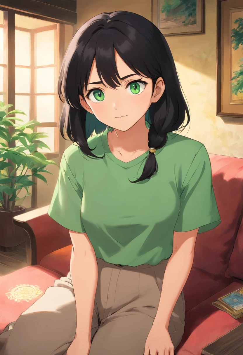 man around 20 years old, no beard, natural black hair, distinctive green eyes, wearing blouse, average looking, japanese living room setting, ultra sharp focus, realistic shot, casual clothes