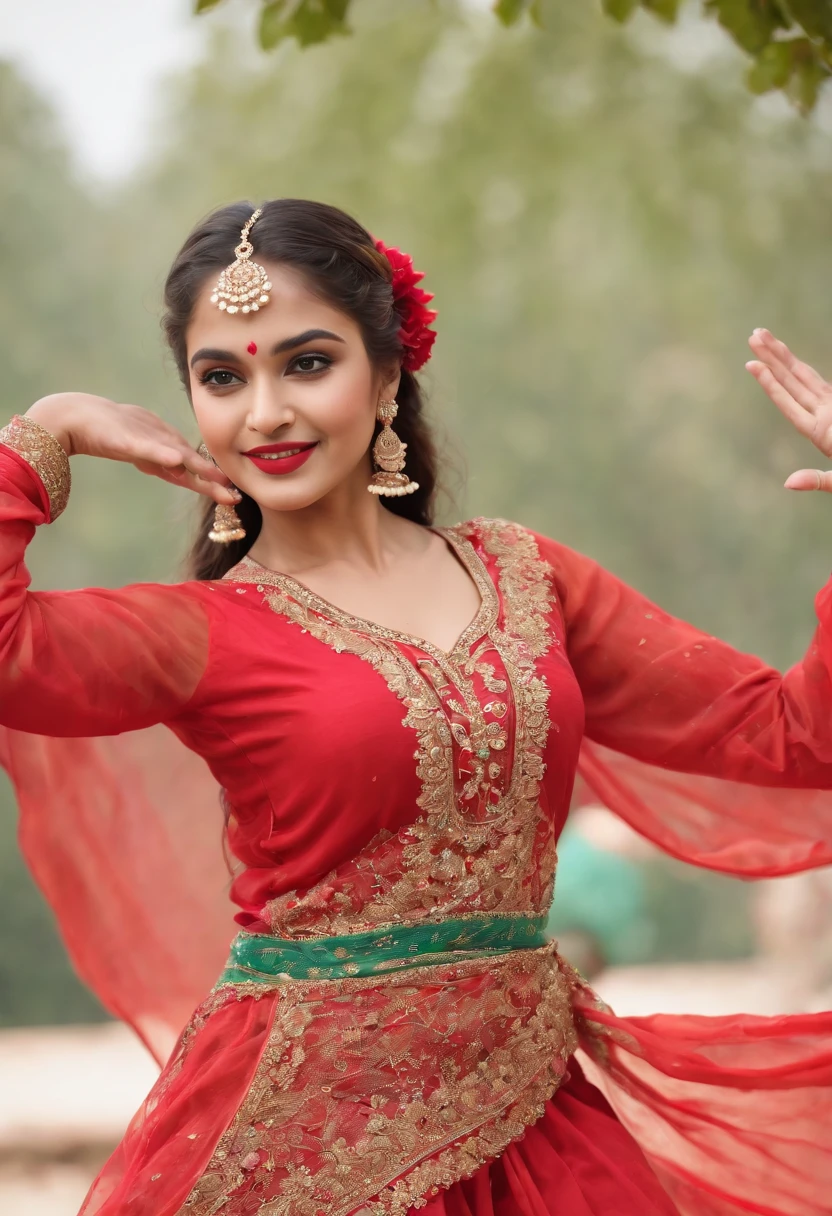 (best quality,4k,8k,highres,masterpiece:1.2),ultra-detailed,(realistic,photorealistic,photo-realistic:1.37),a girl dancing,Pakistani,Pakistani youngster,dancing in a vibrant garden,traditional dance moves,colorful dress,long flowing hair,joyful expression,rhythmic movements,beautiful detailed eyes,beautiful detailed lips,traditional hand gestures,folk dance steps,delicate footwork,happy atmosphere,energetic performance,elegant and graceful movements,rich cultural heritage,captivating stage presence,ornamental jewelry,traditional headpiece,smiling audience,traditional music playing in the background,uplifting and lively atmosphere,colorful floral arrangements,graceful body postures,fast-paced dance routine,vivid colors,traditional folk dance costume,elaborate embroidery,exquisite beadwork,swirling skirts and flowing sleeves,fluid body movements,expressive facial expressions,traditional dance bells jingling,charming and enchanting performance,energetic and dynamic dance routine,Traditional dance form: Young Pakistani girl dancing