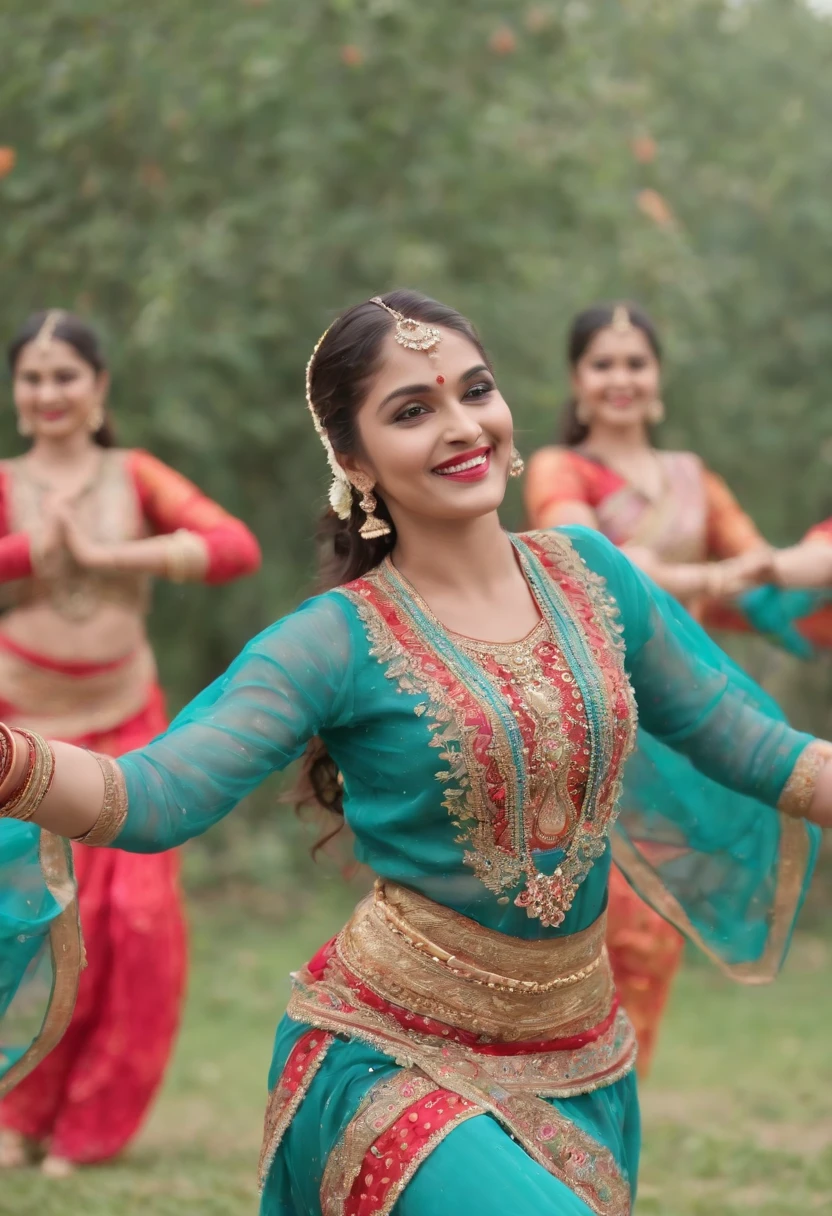 (best quality,4k,8k,highres,masterpiece:1.2),ultra-detailed,(realistic,photorealistic,photo-realistic:1.37),a girl dancing,Pakistani,Pakistani youngster,dancing in a vibrant garden,traditional dance moves,colorful dress,long flowing hair,joyful expression,rhythmic movements,beautiful detailed eyes,beautiful detailed lips,traditional hand gestures,folk dance steps,delicate footwork,happy atmosphere,energetic performance,elegant and graceful movements,rich cultural heritage,captivating stage presence,ornamental jewelry,traditional headpiece,smiling audience,traditional music playing in the background,uplifting and lively atmosphere,colorful floral arrangements,graceful body postures,fast-paced dance routine,vivid colors,traditional folk dance costume,elaborate embroidery,exquisite beadwork,swirling skirts and flowing sleeves,fluid body movements,expressive facial expressions,traditional dance bells jingling,charming and enchanting performance,energetic and dynamic dance routine,Traditional dance form: Young Pakistani girl dancing