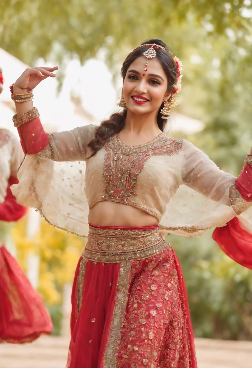 (best quality,4k,8k,highres,masterpiece:1.2),ultra-detailed,(realistic,photorealistic,photo-realistic:1.37),a girl dancing,Pakistani,Pakistani youngster,dancing in a vibrant garden,traditional dance moves,colorful dress,long flowing hair,joyful expression,rhythmic movements,beautiful detailed eyes,beautiful detailed lips,traditional hand gestures,folk dance steps,delicate footwork,happy atmosphere,energetic performance,elegant and graceful movements,rich cultural heritage,captivating stage presence,ornamental jewelry,traditional headpiece,smiling audience,traditional music playing in the background,uplifting and lively atmosphere,colorful floral arrangements,graceful body postures,fast-paced dance routine,vivid colors,traditional folk dance costume,elaborate embroidery,exquisite beadwork,swirling skirts and flowing sleeves,fluid body movements,expressive facial expressions,traditional dance bells jingling,charming and enchanting performance,energetic and dynamic dance routine,Traditional dance form: Young Pakistani girl dancing