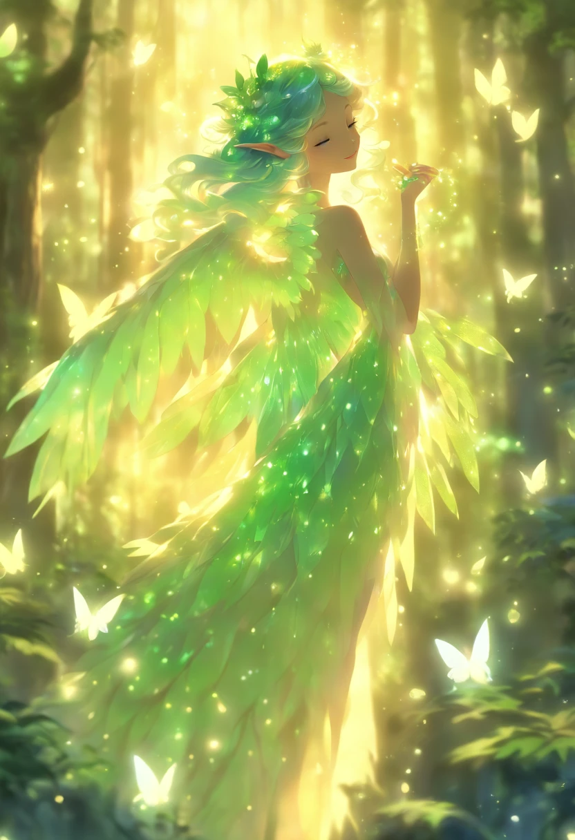 (best quality,4k,8k,highres,masterpiece:1.2),ultra-detailed,(realistic,photorealistic,photo-realistic:1.37),forest nymph elemental with glowing wings, made of leaves and nature,ethereal glow,pure,sublime,greenery,dreamy environment,magical enchantment,delicate and intricate leaf patterns,harmonious blending with surroundings,reflections of sunlight on wings,glimmering and radiant glow in the dark,serene and graceful posture,summoning the powers of nature,tiny sparkling dewdrops on wings,soft and gentle color palette,air of mystery and enchantment,subtle hints of magic in the air,whispering winds and rustling leaves,connection with trees and plants,strong connection with the forest,overflowing with natural energy,pristine beauty and innocence,evokes a sense of wonder and awe,graceful and fluid movement,natural and organic aesthetics,celestial and ethereal presence,rays of sunlight filtering through the forest canopy,fairy-like features,wise and ancient aura,enchanted and untamed forest realm,magic in every step and flutter,delicate and ephemeral,illuminating the darkest corners of the forest,close bond with animals and creatures of the forest,peaceful and tranquil atmosphere,deep sense of harmony between nature and the nymph,whispering secrets of the forest,each leaf intricately designed and vibrant with life,overwhelming sense of tranquility and serenity,sprightly and playful spirit.