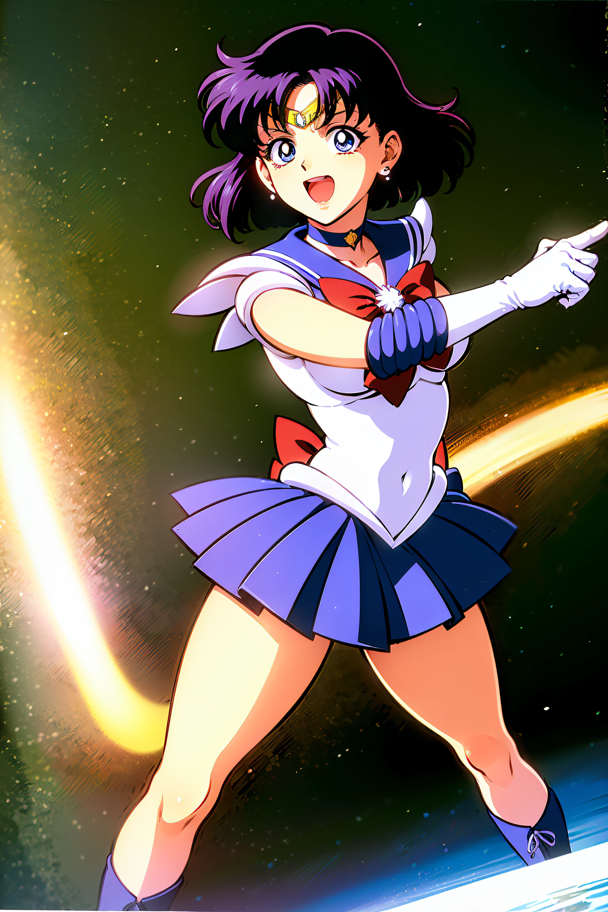 masterpiece, best quality, very aesthetic, absurdres, Sailor Saturn XL, 1990s \(style\), perfect face, perfect composition, moist skin, intricate details, beautiful detailed eyes, 1girl, solo, short hair, black hair, purple eyes, flat chest, skinny, sailor senshi uniform, jewelry, star choker, bow, back bow, purple sailor collar, tiara, earrings, white elbow gloves, purple miniskirt, embarrassed, blush, open mouth, cameltoe, pussy juice, white leotard, (pantyshot:1.2), wind lift, sexy pose, outdoors, street, blue sky, wind, sunlight, from below, from behind,