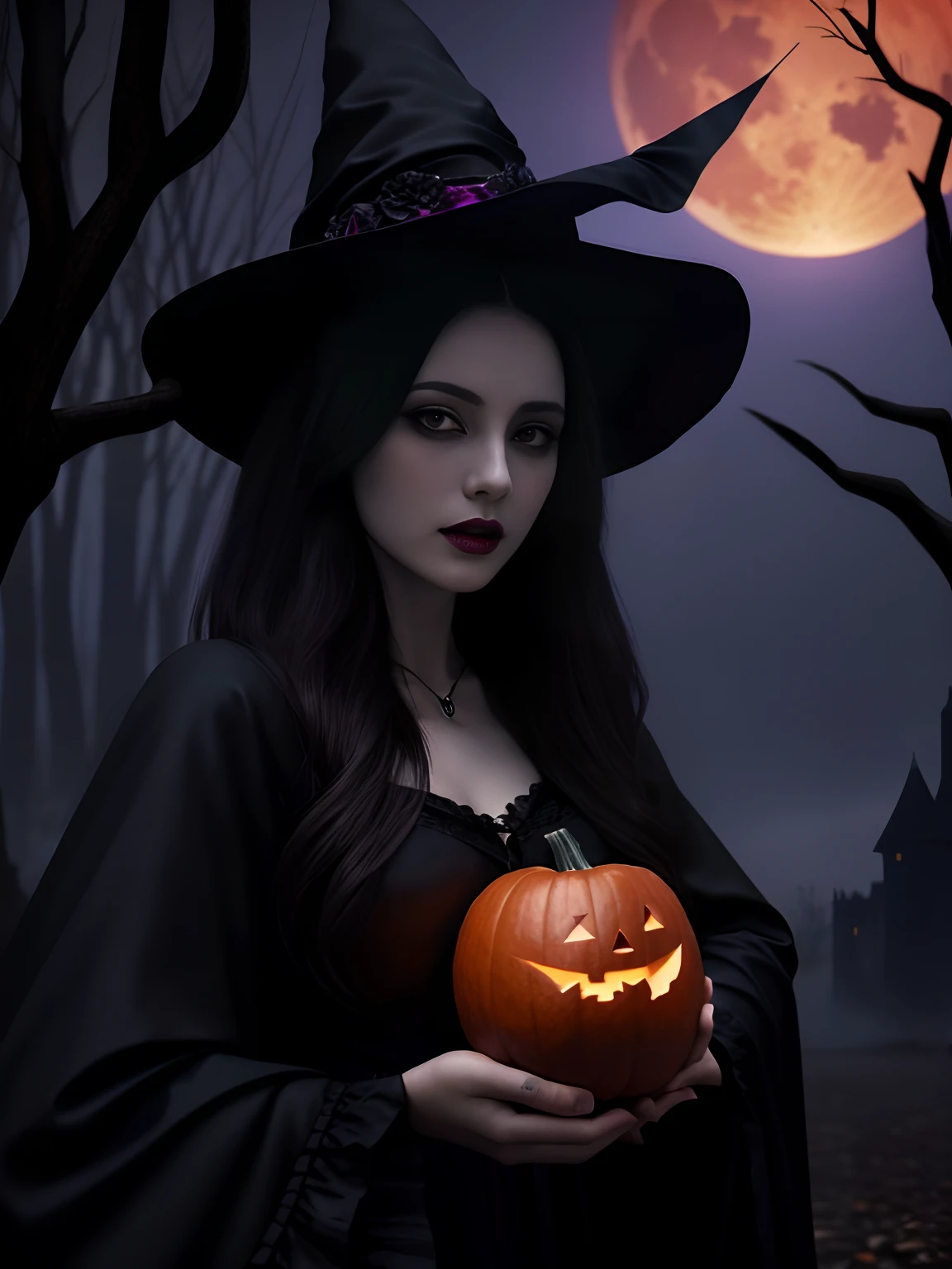 halloween night,Big breasts and big breasts ,Red Moon,the bats,Strange branches,A woman in a black dress stands in front of the castle,Holding a pumpkin in his hand, lovely dark autumn princess, Dark Gothic Girl, beautiful vampire queen, Gothic girl, gothic fantasy art, beautiful vampire queen, dark fantasy style art, fashionable dark witch, Beautiful witch, dark fantasy art, Wonderful black magic, Sinister witch witch, scary queen of death, Masterpiece:1.2, Ultra-detailed, Realistic:1.37, High-res, Vivid colors, Studio lighting, Black and purple tones, Dramatic lighting"