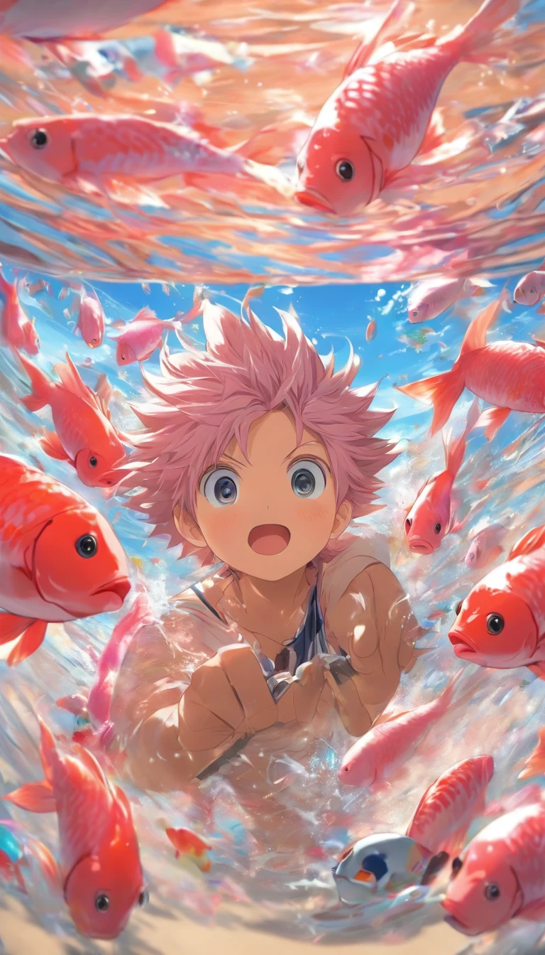 (Best Quality,4K,8K,hight resolution,masutepiece:1.2),Ultra-detailed, Inside the glass case、It contains a cute pink fish,with short gray hair,,A gentle breeze cracks the lid,A little boy is holding a glass cover in his hand,Leaning your face against the glass cover、Staring at the pink fish,Sandy beach in the background,the background is blurred,