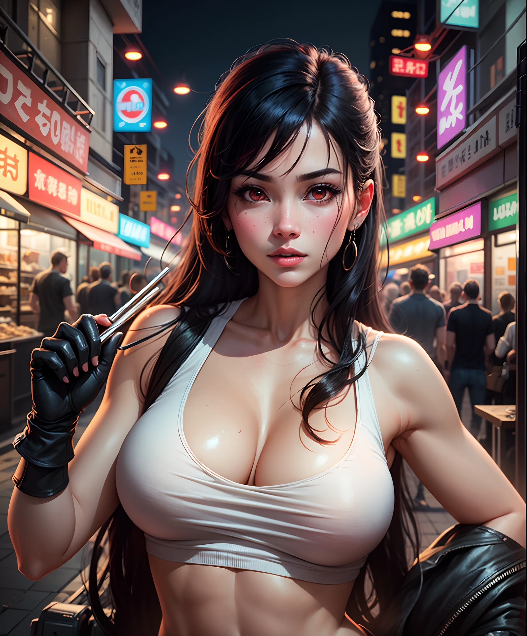 Tifa lockhart, tifa_lockhart,  ff7, sultry face, (white tank top:1.2), black miniskirt, (black long hair), hair bangs (red eyes:1.3) long eyelashes, beautiful red eyes with brightness, surrealism, shadow, stereogram, (photorealistic, realistic: 1.2), POV, atmospheric perspective, cinematic lighting, ray tracing, 8k, super detail, best quality, masterpiece, well detailed, (Canan EOS R6, 135mm, 1/1250s, f/2.8, ISO 400:0.9), cyberpunk, neon, neon signs, ramen shops, (huge breasts:1.5) red gloves --auto --s2