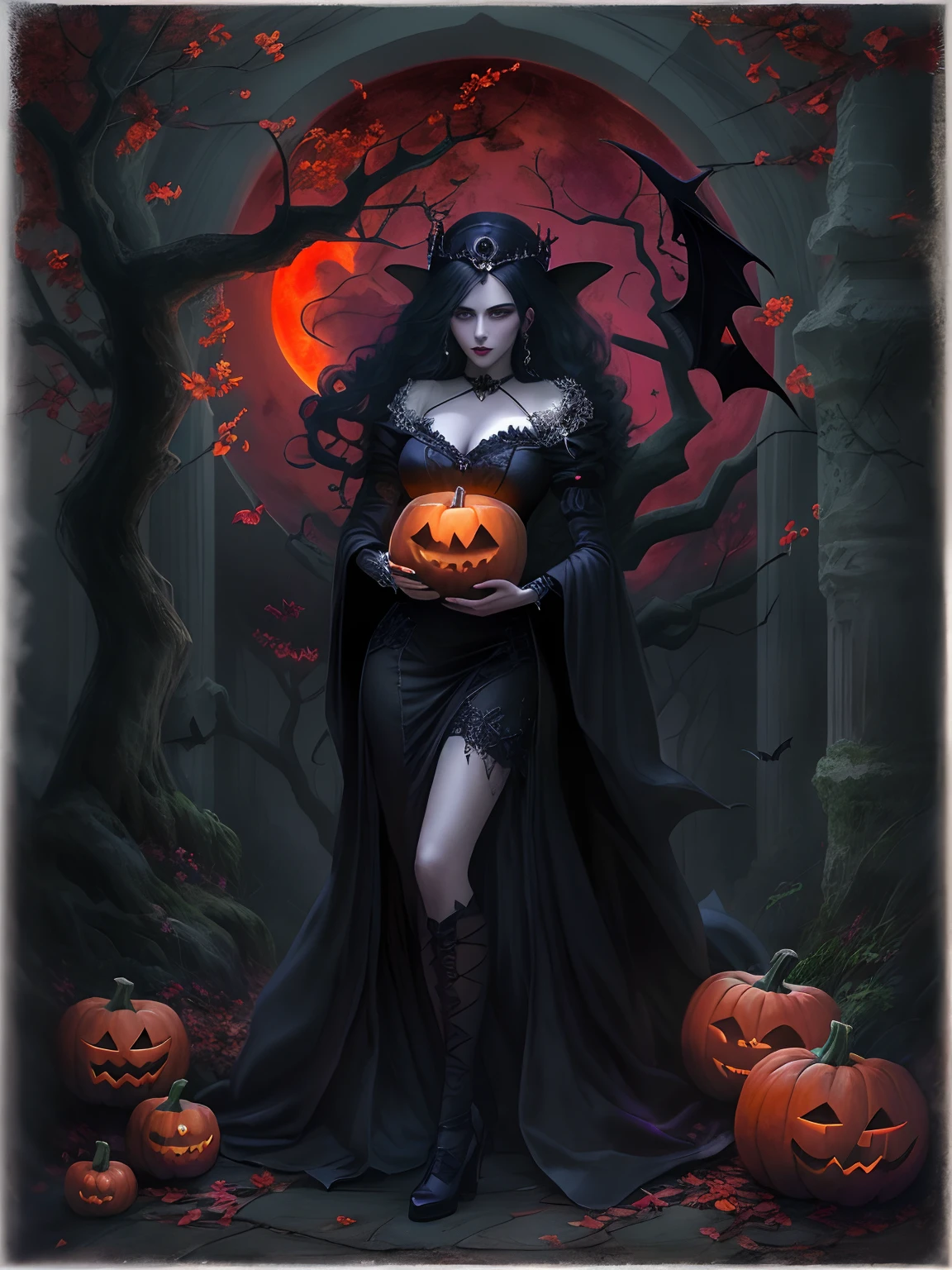 halloween night,Big breasts and big breasts ,Red Moon,the bats,Strange branches,A woman in a black dress stands in front of the castle,Holding a pumpkin in his hand, lovely dark autumn princess, Dark Gothic Girl, beautiful vampire queen, Gothic girl, gothic fantasy art, beautiful vampire queen, dark fantasy style art, fashionable dark witch, Beautiful witch, dark fantasy art, Wonderful black magic, Sinister witch witch, scary queen of death, Masterpiece:1.2, Ultra-detailed, Realistic:1.37, High-res, Vivid colors, Studio lighting, Black and purple tones, Dramatic lighting"