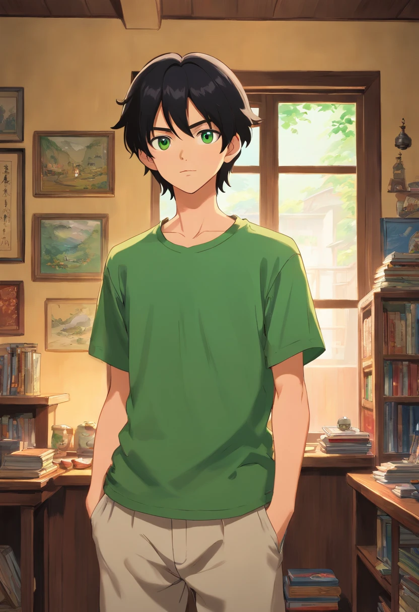 boy around 20 years old, no beard, natural black hair, distinctive green eyes, wearing t-shirt, average looking, japanese living room setting, ultra sharp focus, realistic shot
