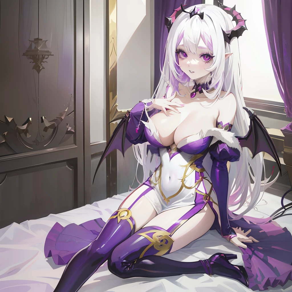 Anime - a picture modeled on a woman in a purple costume sitting on a bed, demon anime girl, beautiful succubus, anime goddess, seductive anime girl, anime monster girl, white haired deity, succubus in tight short dress, white horns queen demon, beautiful alluring anime woman, beautiful elegant demon queen, Dragon Girl, gothic maiden anime girl, succubus | medieval