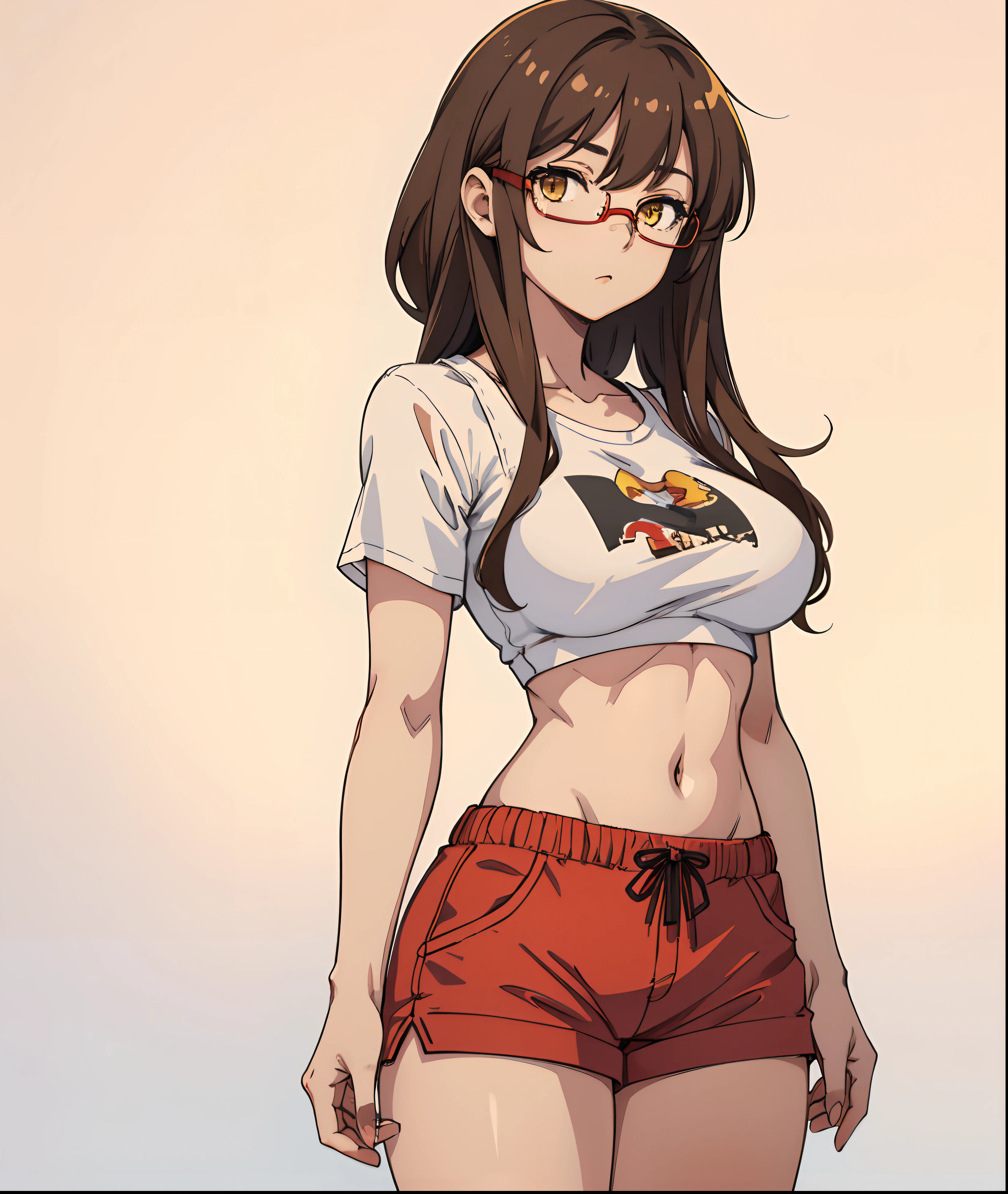 1girl, solo, Anime girl, brown hair, yellow eyes, glasses, tied white crop top, red shorts, tan skin, large breasts
