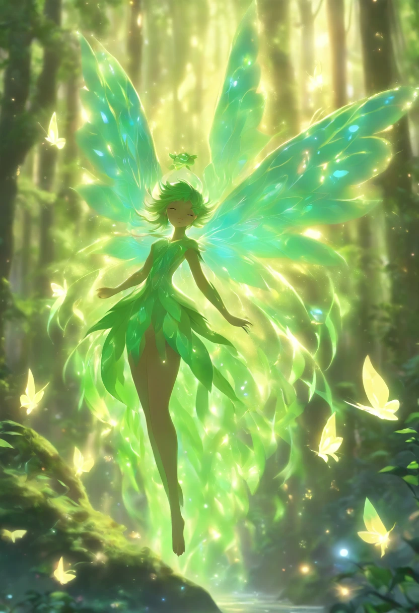 (best quality,4k,8k,highres,masterpiece:1.2),ultra-detailed,(realistic,photorealistic,photo-realistic:1.37),forest nymph elemental with glowing wings, made of leaves and nature,ethereal glow,pure,sublime,greenery,dreamy environment,magical enchantment,delicate and intricate leaf patterns,harmonious blending with surroundings,reflections of sunlight on wings,glimmering and radiant glow in the dark,serene and graceful posture,summoning the powers of nature,tiny sparkling dewdrops on wings,soft and gentle color palette,air of mystery and enchantment,subtle hints of magic in the air,whispering winds and rustling leaves,connection with trees and plants,strong connection with the forest,overflowing with natural energy,pristine beauty and innocence,evokes a sense of wonder and awe,graceful and fluid movement,natural and organic aesthetics,celestial and ethereal presence,rays of sunlight filtering through the forest canopy,fairy-like features,wise and ancient aura,enchanted and untamed forest realm,magic in every step and flutter,delicate and ephemeral,illuminating the darkest corners of the forest,close bond with animals and creatures of the forest,peaceful and tranquil atmosphere,deep sense of harmony between nature and the nymph,whispering secrets of the forest,each leaf intricately designed and vibrant with life,overwhelming sense of tranquility and serenity,sprightly and playful spirit.