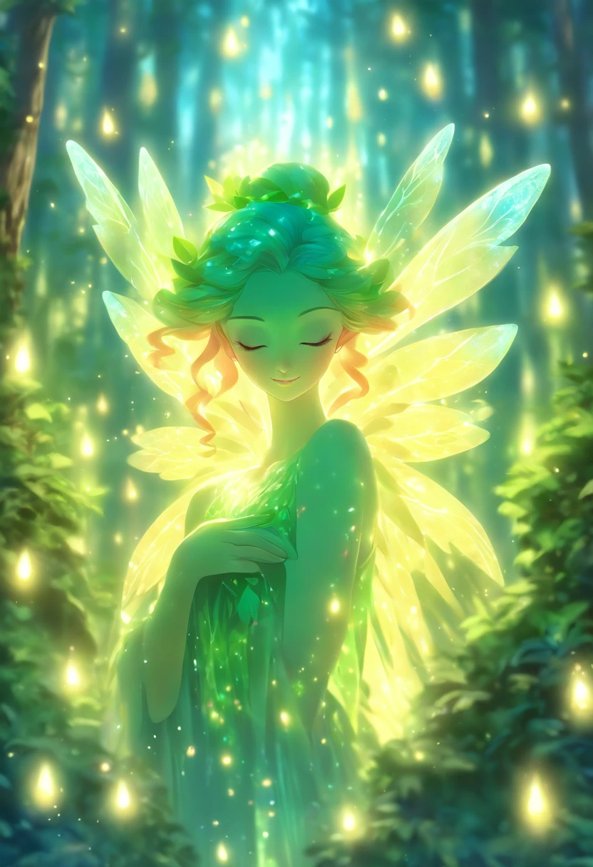 (best quality,4k,8k,highres,masterpiece:1.2),ultra-detailed,(realistic,photorealistic,photo-realistic:1.37),forest nymph elemental with glowing wings, made of leaves and nature,ethereal glow,pure,sublime,greenery,dreamy environment,magical enchantment,delicate and intricate leaf patterns,harmonious blending with surroundings,reflections of sunlight on wings,glimmering and radiant glow in the dark,serene and graceful posture,summoning the powers of nature,tiny sparkling dewdrops on wings,soft and gentle color palette,air of mystery and enchantment,subtle hints of magic in the air,whispering winds and rustling leaves,connection with trees and plants,strong connection with the forest,overflowing with natural energy,pristine beauty and innocence,evokes a sense of wonder and awe,graceful and fluid movement,natural and organic aesthetics,celestial and ethereal presence,rays of sunlight filtering through the forest canopy,fairy-like features,wise and ancient aura,enchanted and untamed forest realm,magic in every step and flutter,delicate and ephemeral,illuminating the darkest corners of the forest,close bond with animals and creatures of the forest,peaceful and tranquil atmosphere,deep sense of harmony between nature and the nymph,whispering secrets of the forest,each leaf intricately designed and vibrant with life,overwhelming sense of tranquility and serenity,sprightly and playful spirit.