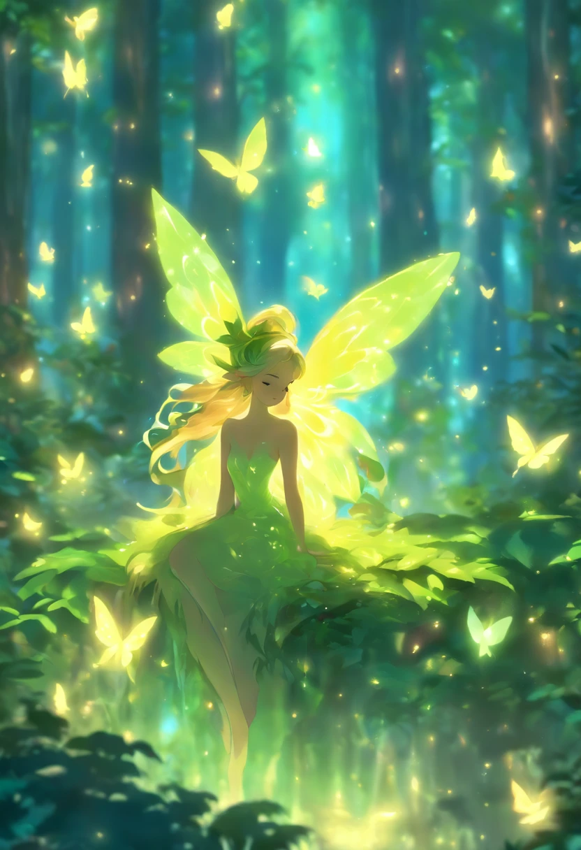 (best quality,4k,8k,highres,masterpiece:1.2),ultra-detailed,(realistic,photorealistic,photo-realistic:1.37),forest nymph elemental with glowing wings, made of leaves and nature,ethereal glow,pure,sublime,greenery,dreamy environment,magical enchantment,delicate and intricate leaf patterns,harmonious blending with surroundings,reflections of sunlight on wings,glimmering and radiant glow in the dark,serene and graceful posture,summoning the powers of nature,tiny sparkling dewdrops on wings,soft and gentle color palette,air of mystery and enchantment,subtle hints of magic in the air,whispering winds and rustling leaves,connection with trees and plants,strong connection with the forest,overflowing with natural energy,pristine beauty and innocence,evokes a sense of wonder and awe,graceful and fluid movement,natural and organic aesthetics,celestial and ethereal presence,rays of sunlight filtering through the forest canopy,fairy-like features,wise and ancient aura,enchanted and untamed forest realm,magic in every step and flutter,delicate and ephemeral,illuminating the darkest corners of the forest,close bond with animals and creatures of the forest,peaceful and tranquil atmosphere,deep sense of harmony between nature and the nymph,whispering secrets of the forest,each leaf intricately designed and vibrant with life,overwhelming sense of tranquility and serenity,sprightly and playful spirit.