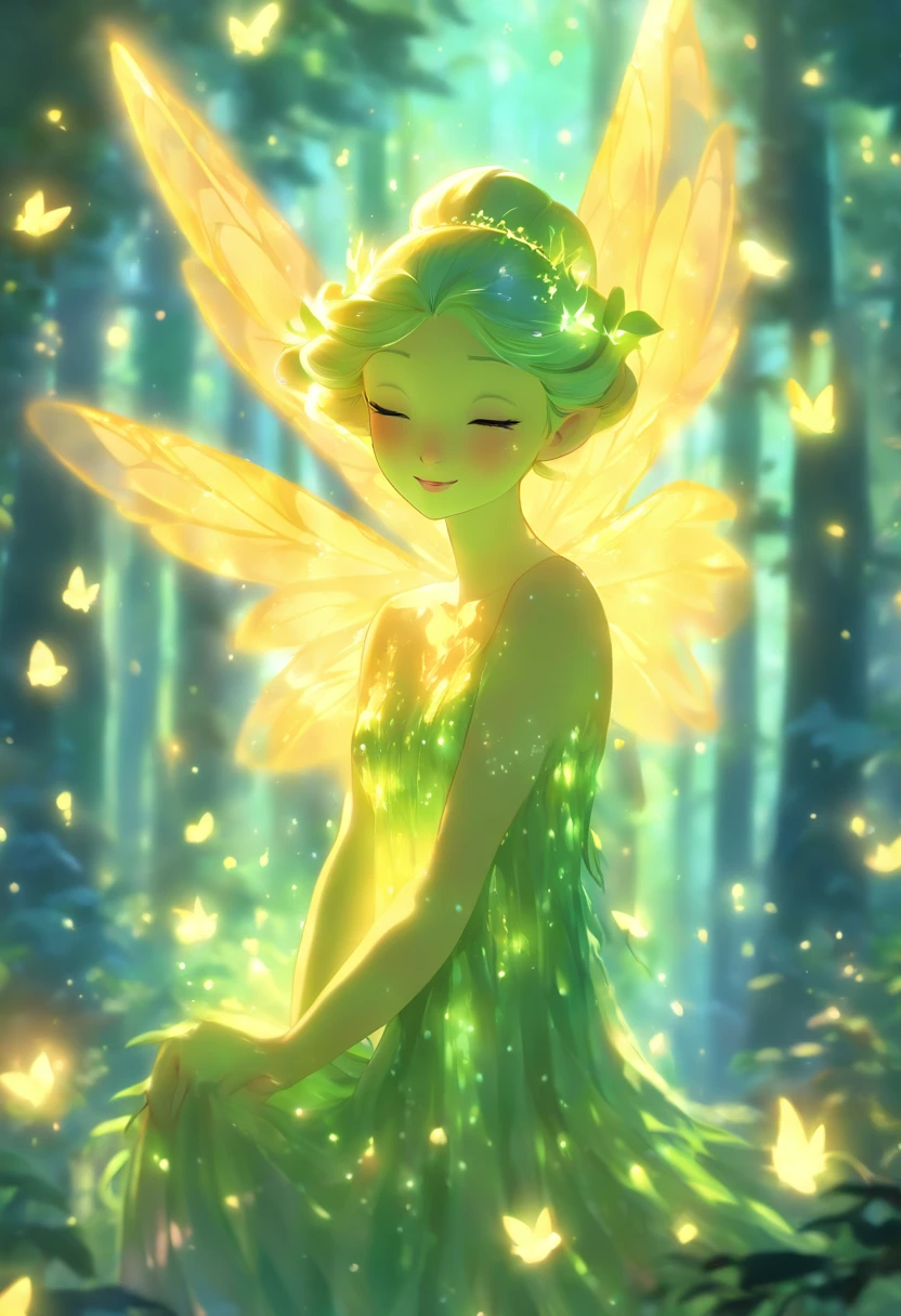 (best quality,4k,8k,highres,masterpiece:1.2),ultra-detailed,(realistic,photorealistic,photo-realistic:1.37),forest nymph elemental with glowing wings, made of leaves and nature,ethereal glow,pure,sublime,greenery,dreamy environment,magical enchantment,delicate and intricate leaf patterns,harmonious blending with surroundings,reflections of sunlight on wings,glimmering and radiant glow in the dark,serene and graceful posture,summoning the powers of nature,tiny sparkling dewdrops on wings,soft and gentle color palette,air of mystery and enchantment,subtle hints of magic in the air,whispering winds and rustling leaves,connection with trees and plants,strong connection with the forest,overflowing with natural energy,pristine beauty and innocence,evokes a sense of wonder and awe,graceful and fluid movement,natural and organic aesthetics,celestial and ethereal presence,rays of sunlight filtering through the forest canopy,fairy-like features,wise and ancient aura,enchanted and untamed forest realm,magic in every step and flutter,delicate and ephemeral,illuminating the darkest corners of the forest,close bond with animals and creatures of the forest,peaceful and tranquil atmosphere,deep sense of harmony between nature and the nymph,whispering secrets of the forest,each leaf intricately designed and vibrant with life,overwhelming sense of tranquility and serenity,sprightly and playful spirit.