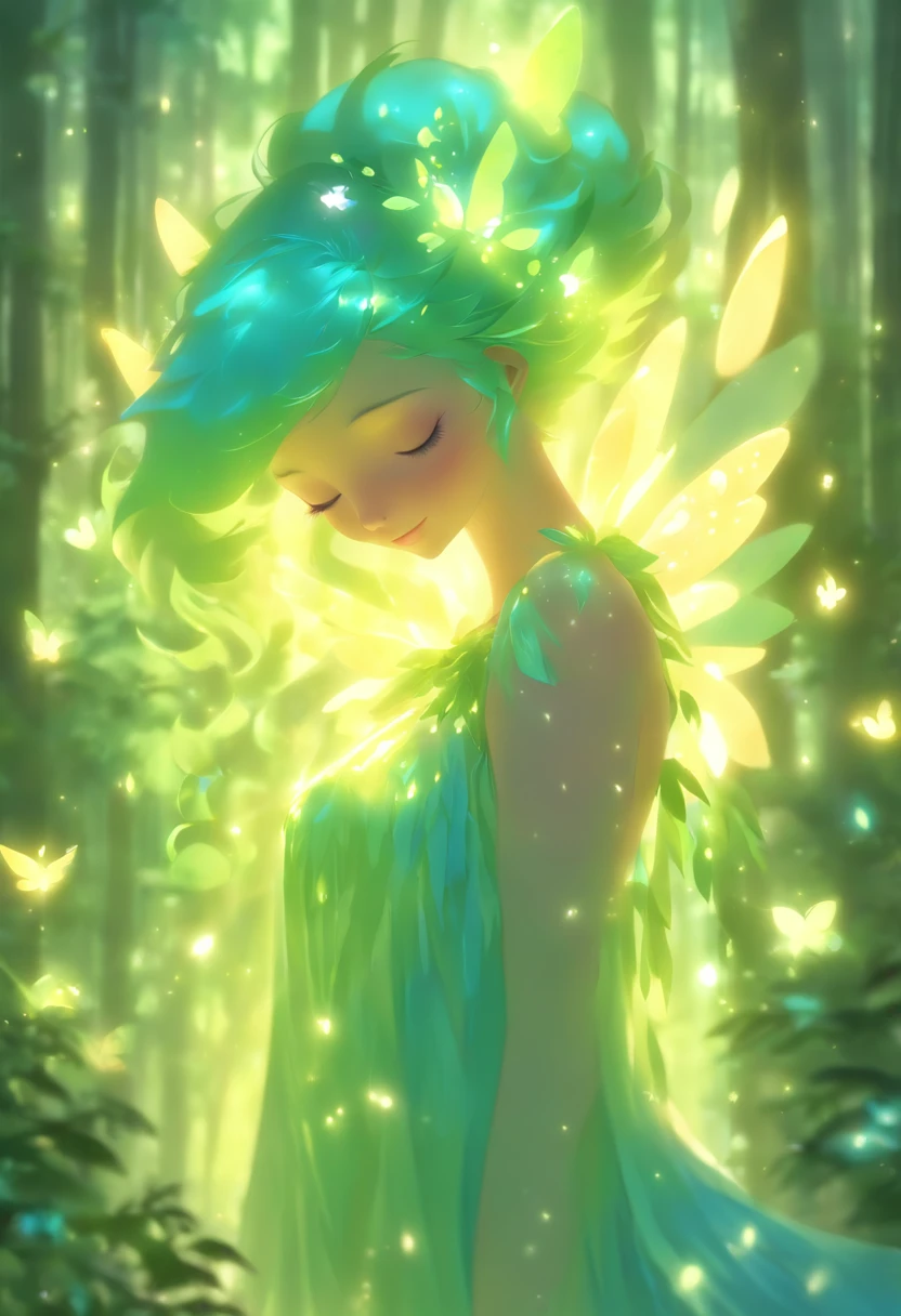 (best quality,4k,8k,highres,masterpiece:1.2),ultra-detailed,(realistic,photorealistic,photo-realistic:1.37),forest nymph elemental with glowing wings, made of leaves and nature,ethereal glow,pure,sublime,greenery,dreamy environment,magical enchantment,delicate and intricate leaf patterns,harmonious blending with surroundings,reflections of sunlight on wings,glimmering and radiant glow in the dark,serene and graceful posture,summoning the powers of nature,tiny sparkling dewdrops on wings,soft and gentle color palette,air of mystery and enchantment,subtle hints of magic in the air,whispering winds and rustling leaves,connection with trees and plants,strong connection with the forest,overflowing with natural energy,pristine beauty and innocence,evokes a sense of wonder and awe,graceful and fluid movement,natural and organic aesthetics,celestial and ethereal presence,rays of sunlight filtering through the forest canopy,fairy-like features,wise and ancient aura,enchanted and untamed forest realm,magic in every step and flutter,delicate and ephemeral,illuminating the darkest corners of the forest,close bond with animals and creatures of the forest,peaceful and tranquil atmosphere,deep sense of harmony between nature and the nymph,whispering secrets of the forest,each leaf intricately designed and vibrant with life,overwhelming sense of tranquility and serenity,sprightly and playful spirit.