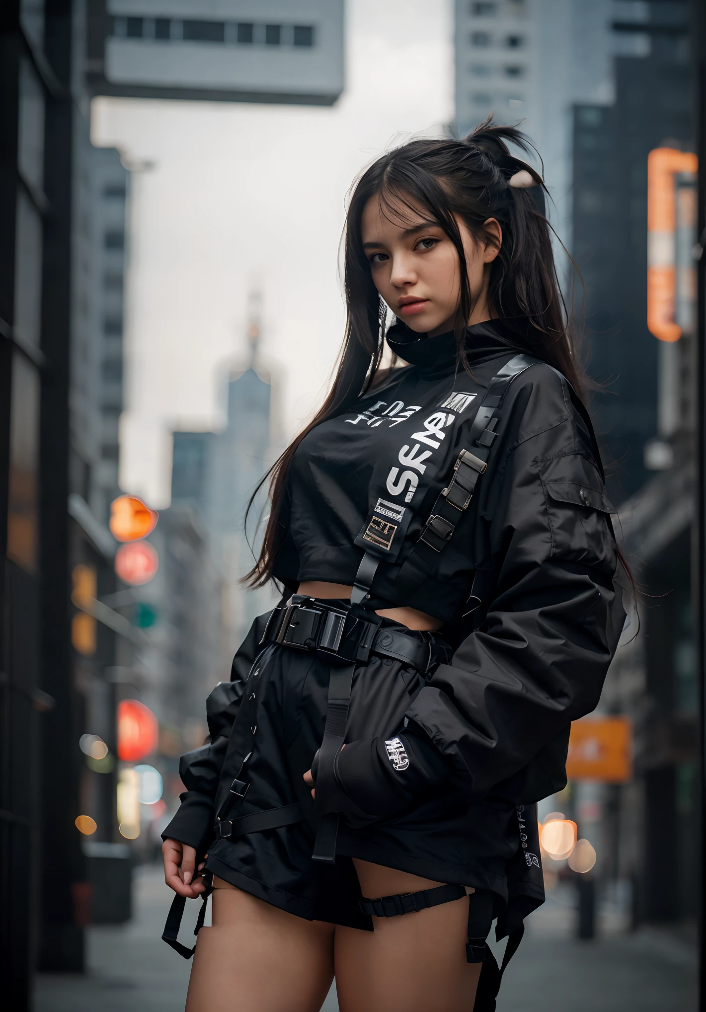 (masterpiece), best quality,1girl, black eyes, long hair, black hair, urban techwear, outfit, blurry background, eye focus, finger on lip, cowboy shot, huge city background, dramatic light, cinematic light.