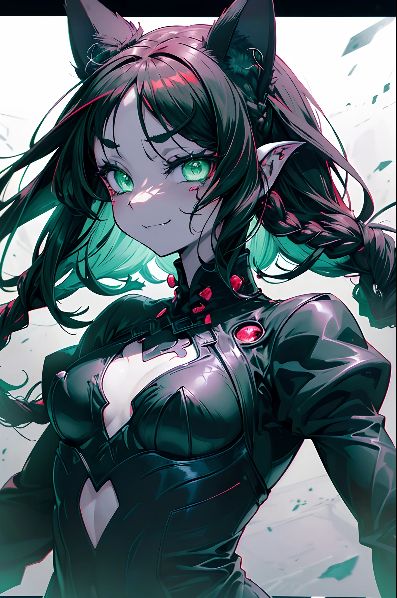 Halloween Cemetery Theme,(Cat's ears,red braided hair:1.5),(Nymphomania and horror theme:1.4),(Detailed green eyes、Teary-eyed:1.4),Haunted house background,hiquality,(Very small breasts、extremely flat chest:1.5)、(Happy and big smile:1.4),Mystical boundaries,The scariest horror game、Bloods、,(Face Zoom:1.5),A detailed eye、highlight in eyes、(Upper body zoom:1.5)、Profile picture seen from the side、(Succubus:1.3)、Movie Quality、Range Flare、666