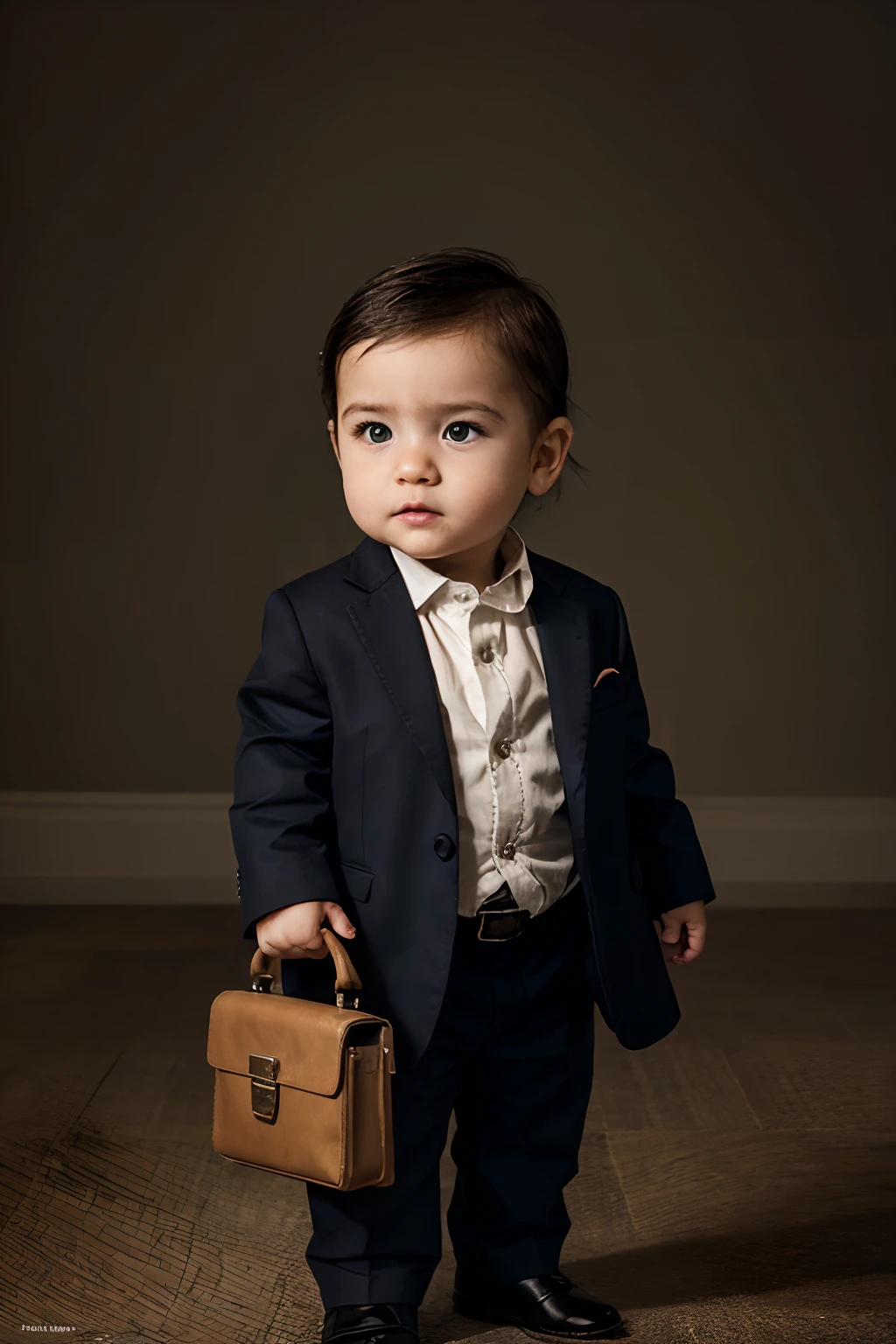 generate a realistic magestic picture of a warinh a suit standing with a briefcase, picture of the babythe center , like a movie cover