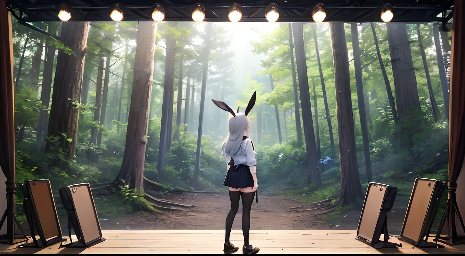 Rabbit ears Gray hair color girl with natta Stages in the woods Large screen on the back Stage in front of the screen Table on top of the stage Girl standing behind the table Round wooden stump chairs with a few seats in front of the stage DJ Events Anime Pictures