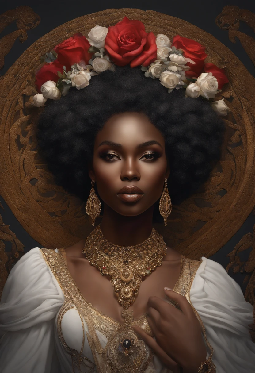 Vivid Color、vivd colour、colourfull、Ultra-detailed watercolor painting,Woman with dark skin, Afro Skin Afro Hair, Black and black curly hair, dark backgrounds,gotik, white hair, anthropomorphic female, female statue, detailed cover art, Like the Rose Goddess, No style of Alphonse Maria Mucha and Gustave Kirmuth, Art Nouveau accents, Alphonse Mucha, Gustav klimt, Marble sculpture, CG Series, Gothic art, jugendstil, behance contest winner