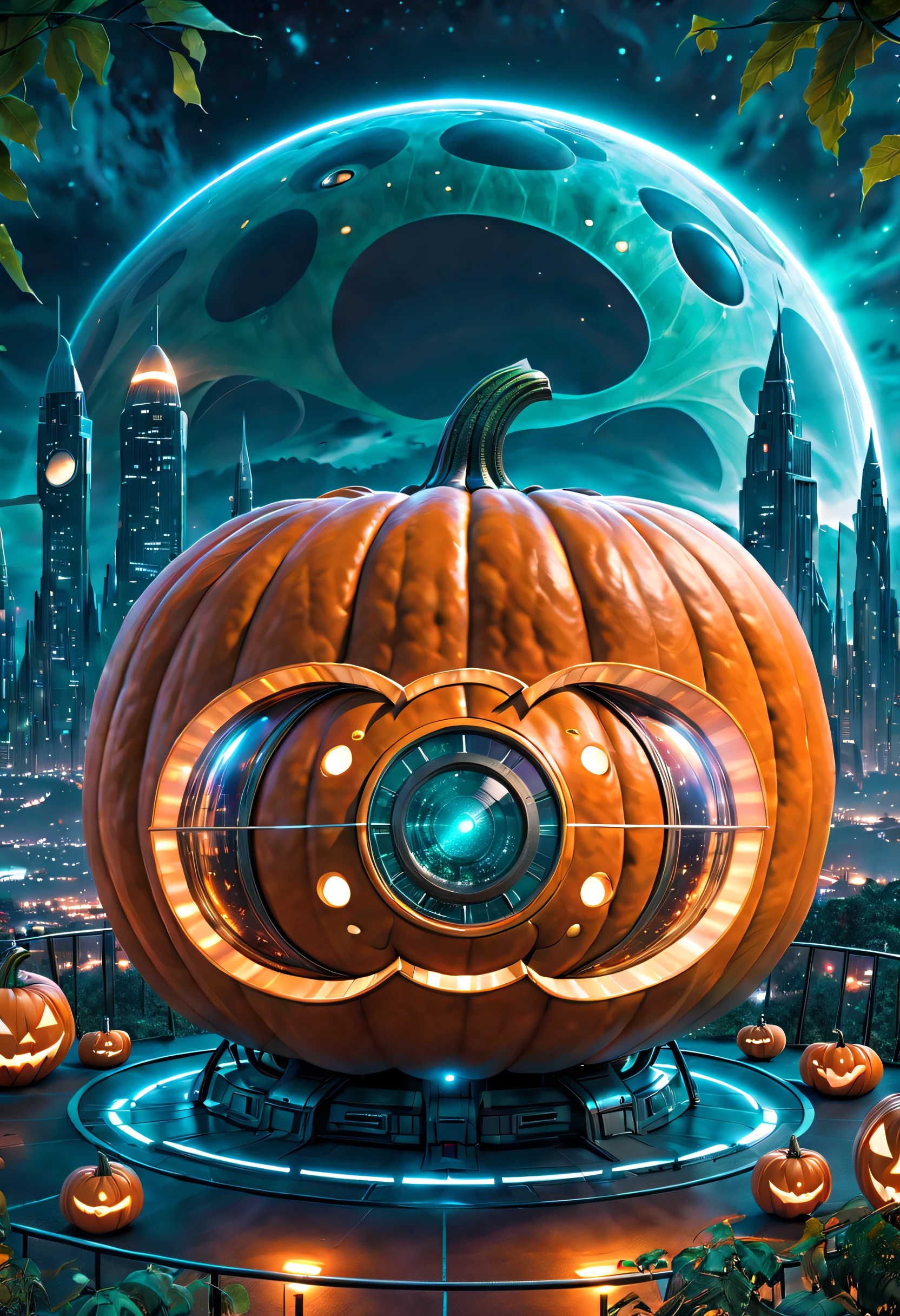 (best quality,4k,highres,masterpiece:1.2),ultra-detailed,realistic,physically-based rendering,professional,vivid colors,bokeh,portraits,landscape,horror,anime,sci-fi,photography,concept artists,pumpkin-shaped spaceship,illustration,metallic surface,glowing lights,futuristic city,night sky,alien civilization,extraterrestrial beings,sharp edges,flying saucer,powerful engines,hovering in the air,breathtaking view,ominous,awe-inspiring,otherworldly,ethereal,mesmerizing,pumpkin vines,circular windows,imposing size,advanced technology,mysterious aura,strange symbols,emitting energy,intergalactic travel,other dimensions,unexplored universe