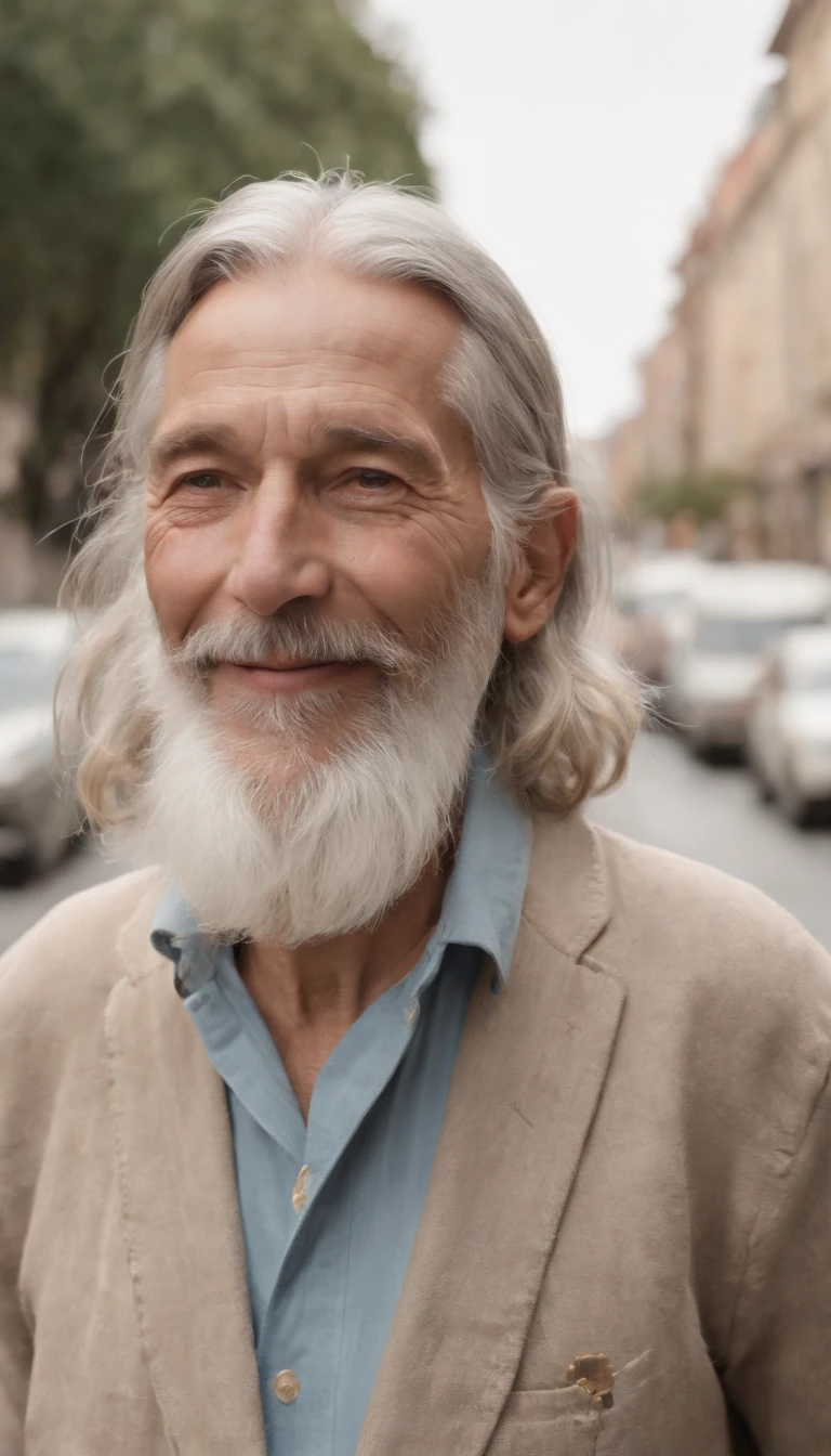 ((((super high quality)))), ((8K)), ((135mm sony lens)), an old man, long grey hair, looking like a homeless, smile in happiness, lift a gold rock in his right hand, doing a dancing pose, full body photo, city slums in the background, early 70s era, (((wes anderson color grade)))