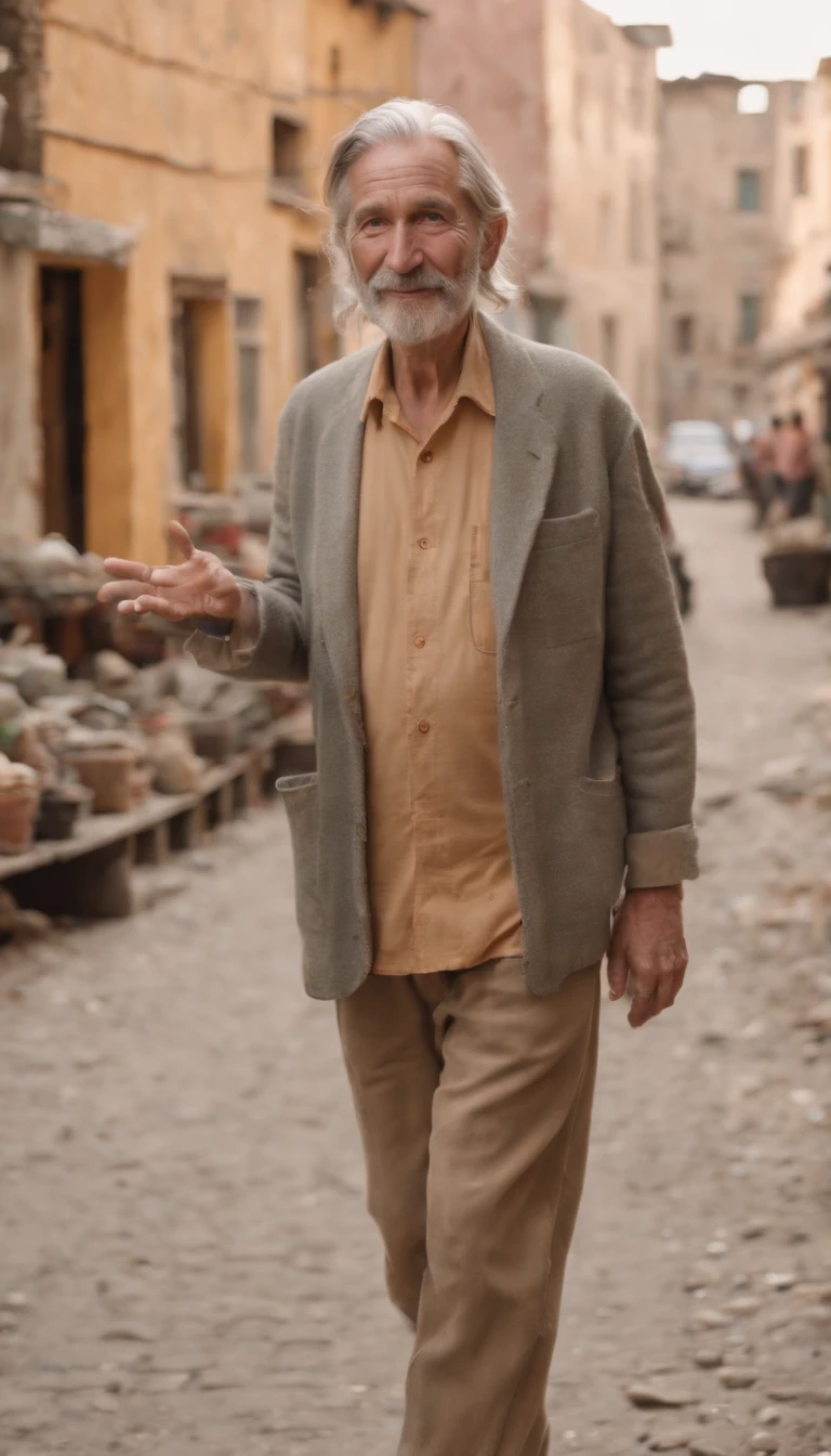 ((((super high quality)))), ((8K)), ((135mm sony lens)), an old man, long grey hair, looking like a homeless, smile in happiness, lift a gold rock in his right hand, doing a dancing pose, full body photo, city slums in the background, early 70s era, (((wes anderson color grade)))