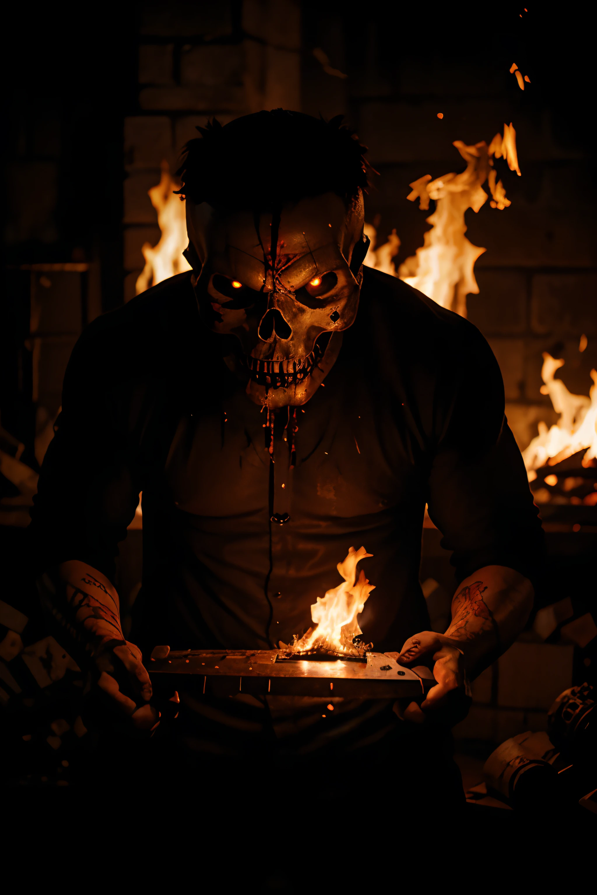 Scary skull face, burning and shredded body, fire, blood, chainsaw, darkness