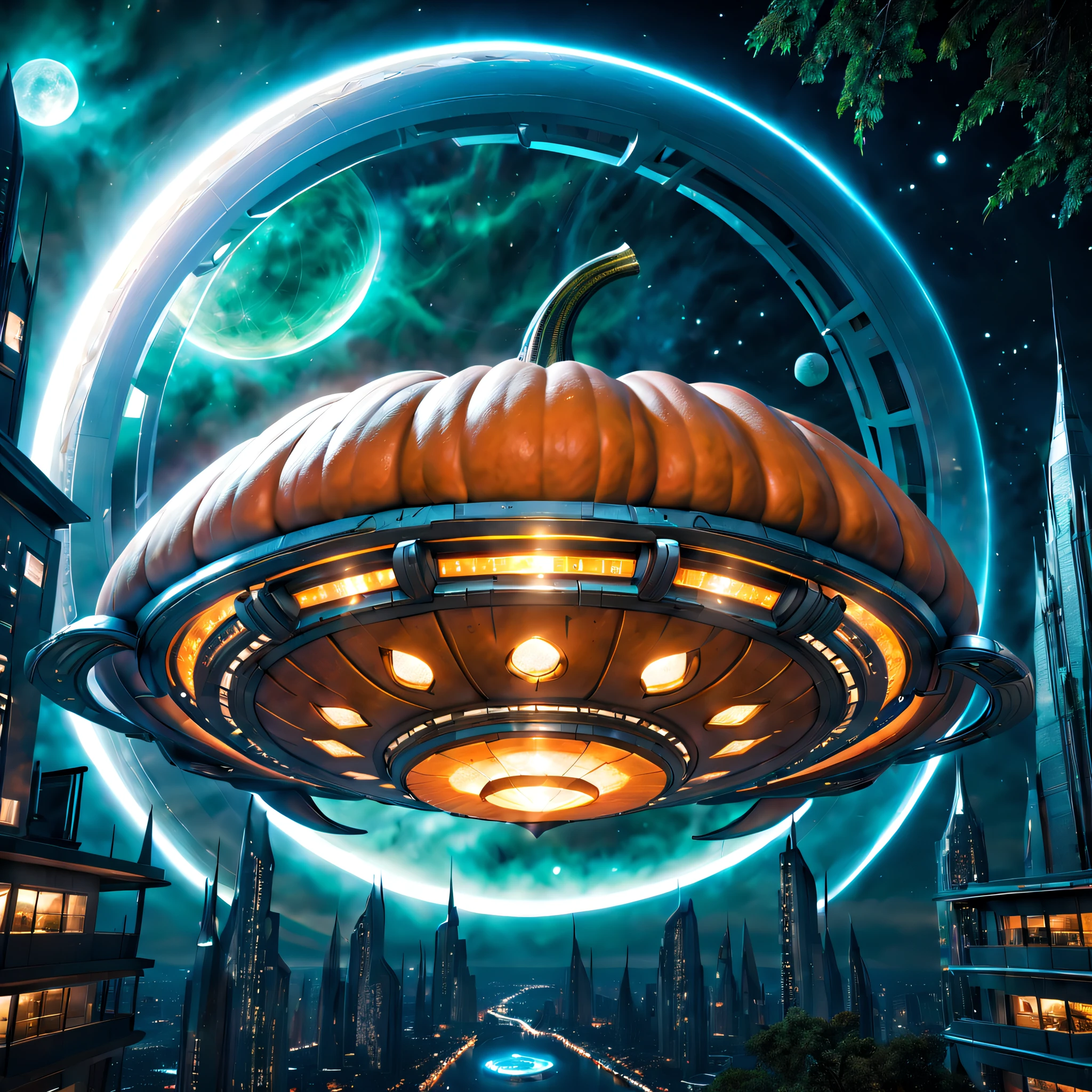 Pumpkin-shaped spaceship,illustration,metal surfaces,Glowing lights,Futuristic city,Night sky,Alien civilization,alien creatures,Sharp edges,flying saucer,Powerful engine,Hovering in the air,mind-blowing views,Ominous,Awe-inspiring,Otherworldly,Ethereal,big breasts enchanting,Pumpkin vine,Round windows,Majestic size,Advanced technology,mystical aura,Strange symbols,Emit energy,Interstellar Travel,Other sizes,An unexplored universe,(Best quality,4K,A high resolution,Masterpiece:1.2),Ultra-detailed,Realistic,Physically-based rendering,professional,Vivid colors,Bokeh,sportrait,landscape,Horror,anime big breast,Sci-fi,Photography,Concept artist,