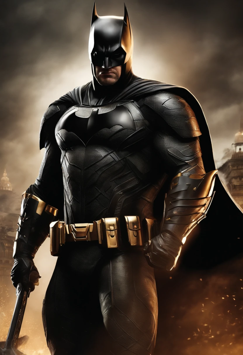 batmam personagem da DC, com uma armadura na cor dourada, armadura cibermetica, ao fundo uma lua cheia com o simbolo do morcego estampado
