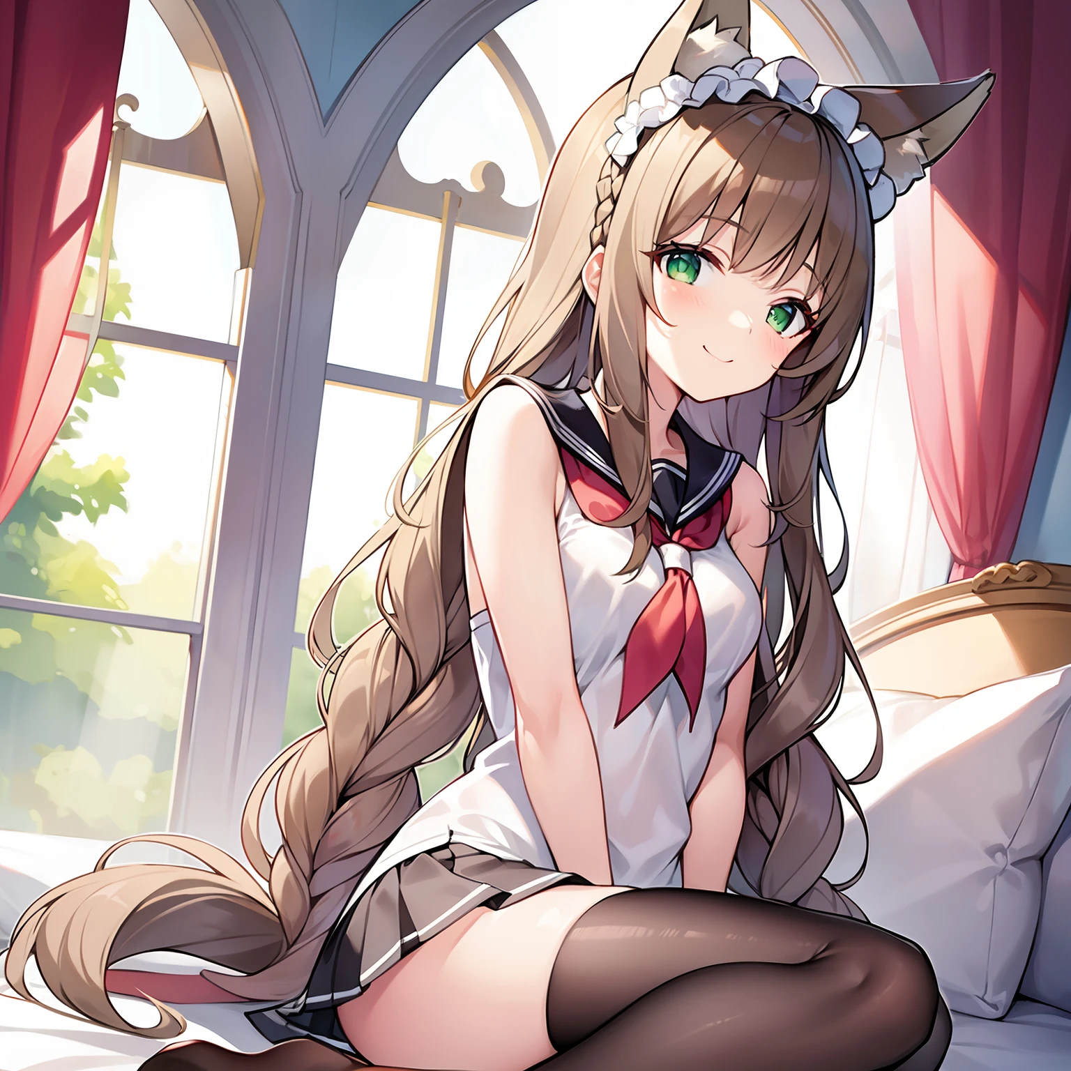 Masterpiece, Best quality, high resolution, 1girll, Solo, Oversized fox tail,(Long brown hair),Green eyes,Small flower headdress, (9 years old_Cute loli),Modern architecture,A MILF,At home,Spread your legs,Squatting fingers ,Dewy,ssmile,close-up from the front,
