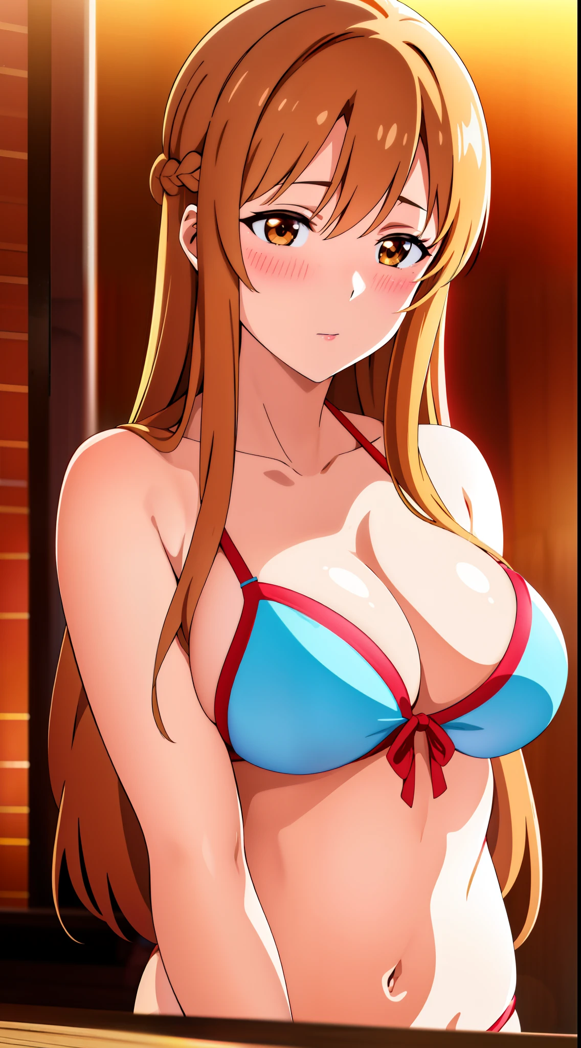 (best quality:1.5, highres, UHD, 4K, detailed lighting, shaders), asuna yuuki, light brown long hair, busty, bikini, standing, pov, close shot, upper body, bar background, blushing:1.2