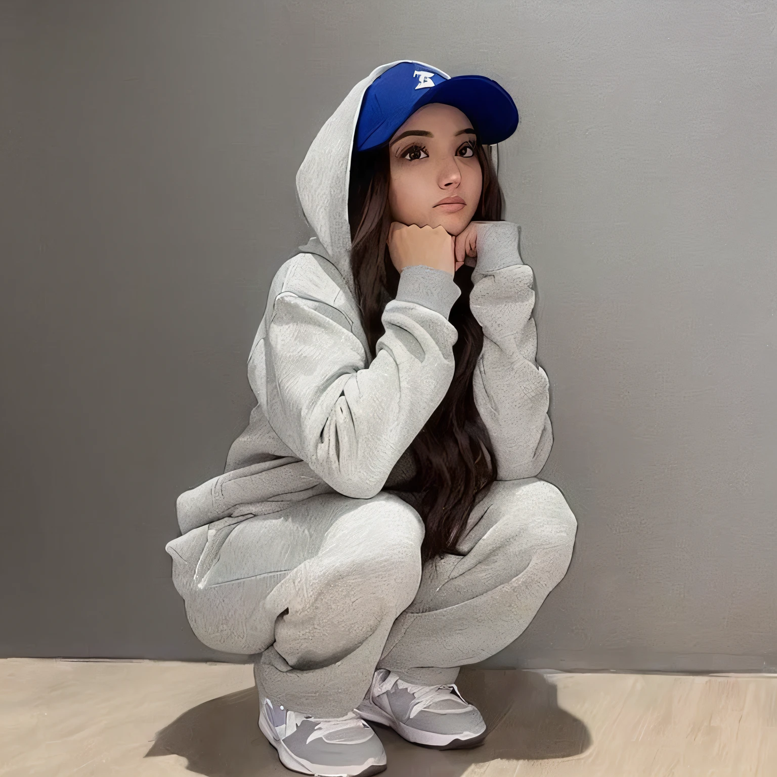 (prompt) (best quality,realistic:1.37), gray hoodie, white sneakers, crouching Arab woman, wearing hoodie and sweatpants, wearing tracksuit, wearing tracksuit, fisherman's clothing, loose-fitting attire and hat, oversized hoodie, two-tone raincoat, girl in hoodie, wearing oversized clothing, athletic wear, profile picture, tracksuit
