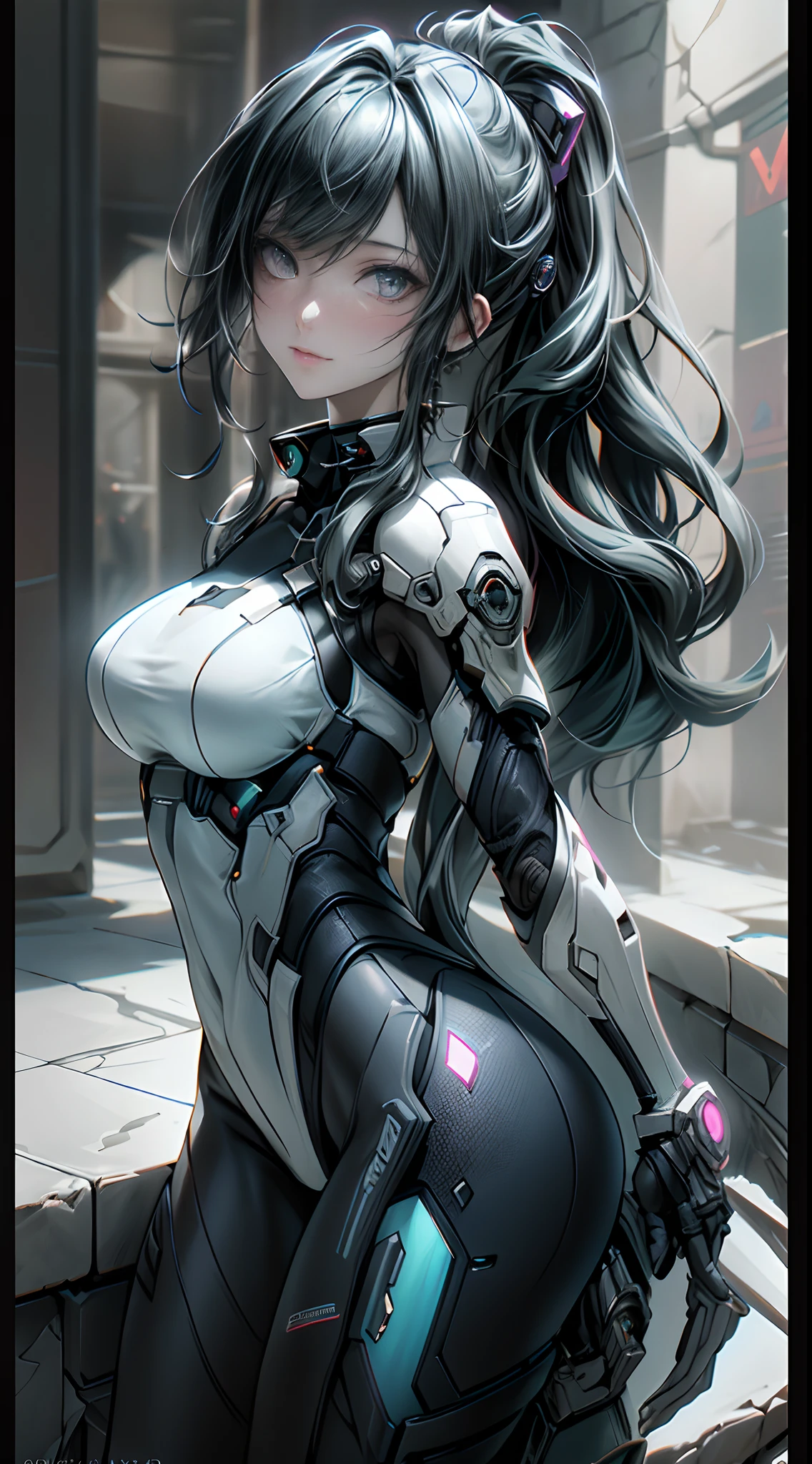 Female cyborg, shiny silver steel robotic body, long black hair, black eyes, white artificial skin (head), electric sword, sci-fi world background 
