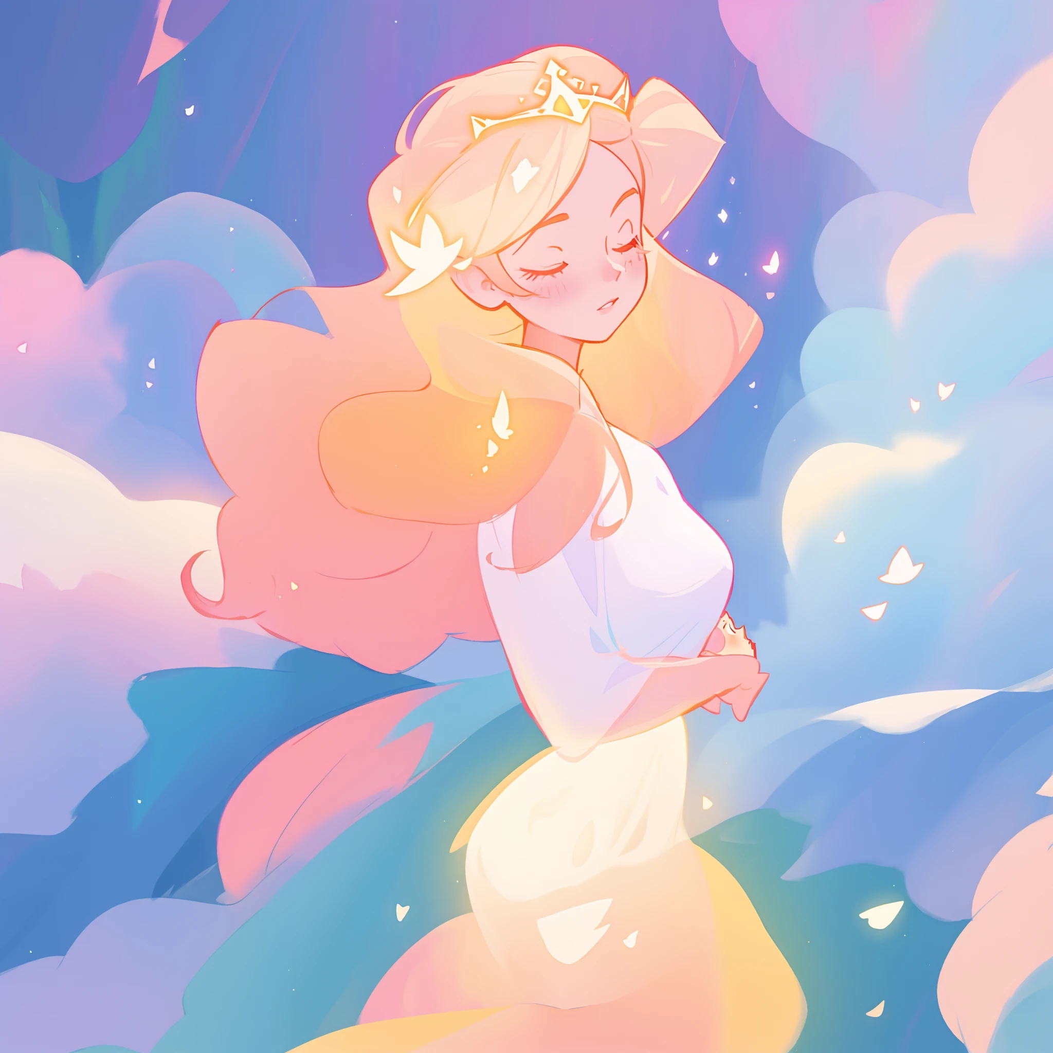 beautiful girl in pale pink princess puffy layered ballgown, sparkling white tiara, fairy dress, long peach and golden hair, watercolor illustration, inspired by Glen Keane, inspired by Lois van Baarle, disney art style, by Lois van Baarle, glowing aura around her, by Glen Keane, jen bartel, glowing lights! digital painting, flowing glowing hair, glowing flowing hair, beautiful digital illustration, fantasia otherworldly landscape plants flowers, beautiful, masterpiece, best quality, anime disney style