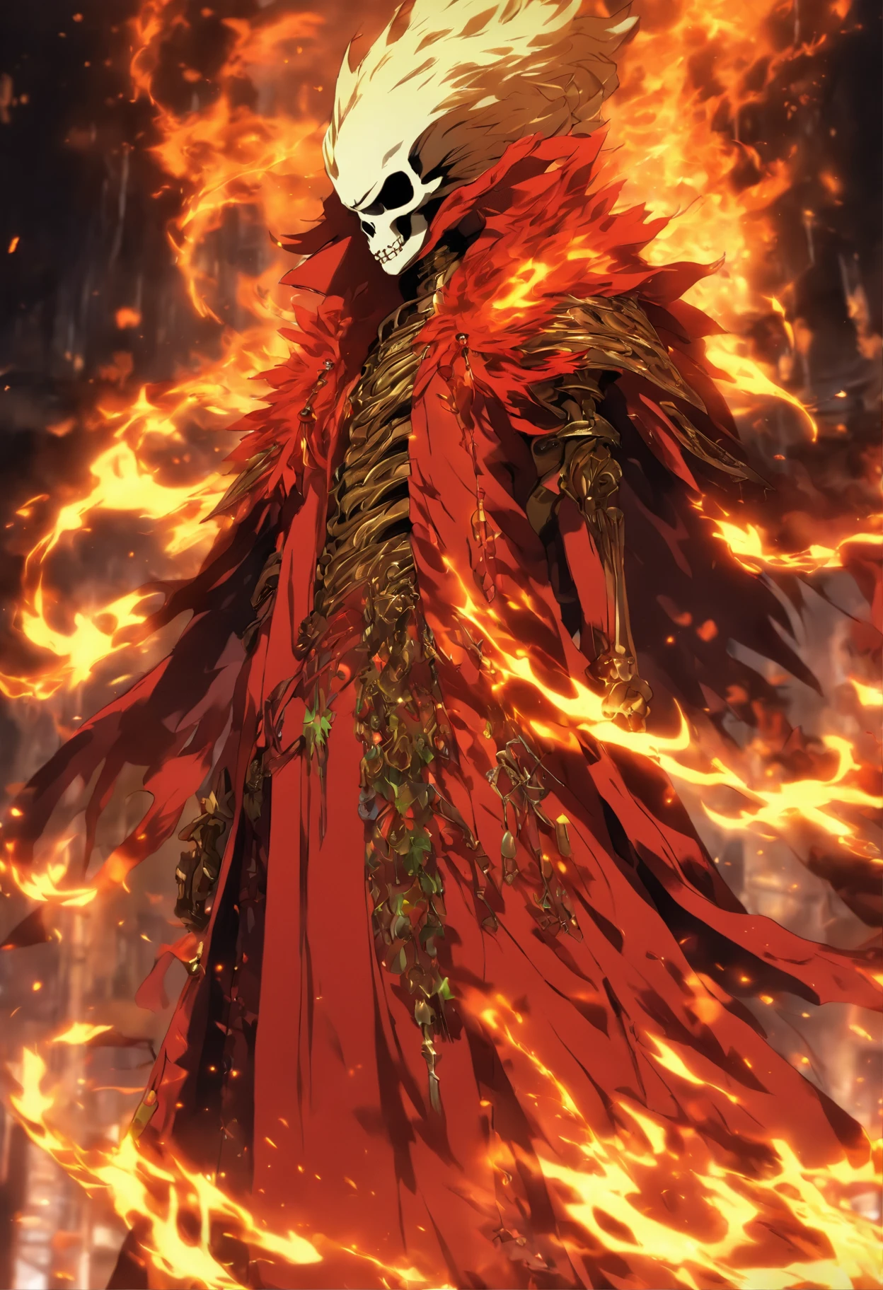 (Masterpiece), (Best quality), 1 girl, (shinigami),(breathingfire:1.5), gazing, standing, watch audience, A cloak that covers the whole body, (Skeleton decorated robes), (A gold skull pendant hangs from his waist), (Armed with a death scythe:1.2), Transparent gold glowing gold skeleton, Skull boots, nipple tassels, Fire,fenghuang