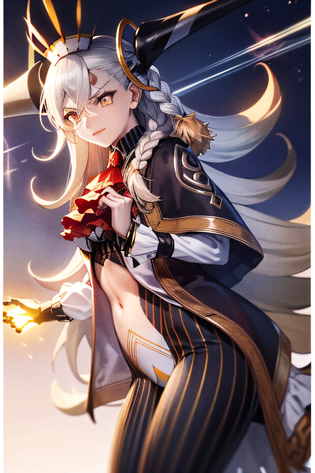 Anime girl, 1 anime girl, white hair, golden eyes, glowing eyes, thick hair, blown by the wind, crop top, skirt, blush, night, sakura flowers garden, stars, sunlight, starlight, fullmoon, rooftop garden, light city landscape, white skin, black and white outfit, beautiful, happy pose, Hands behind 