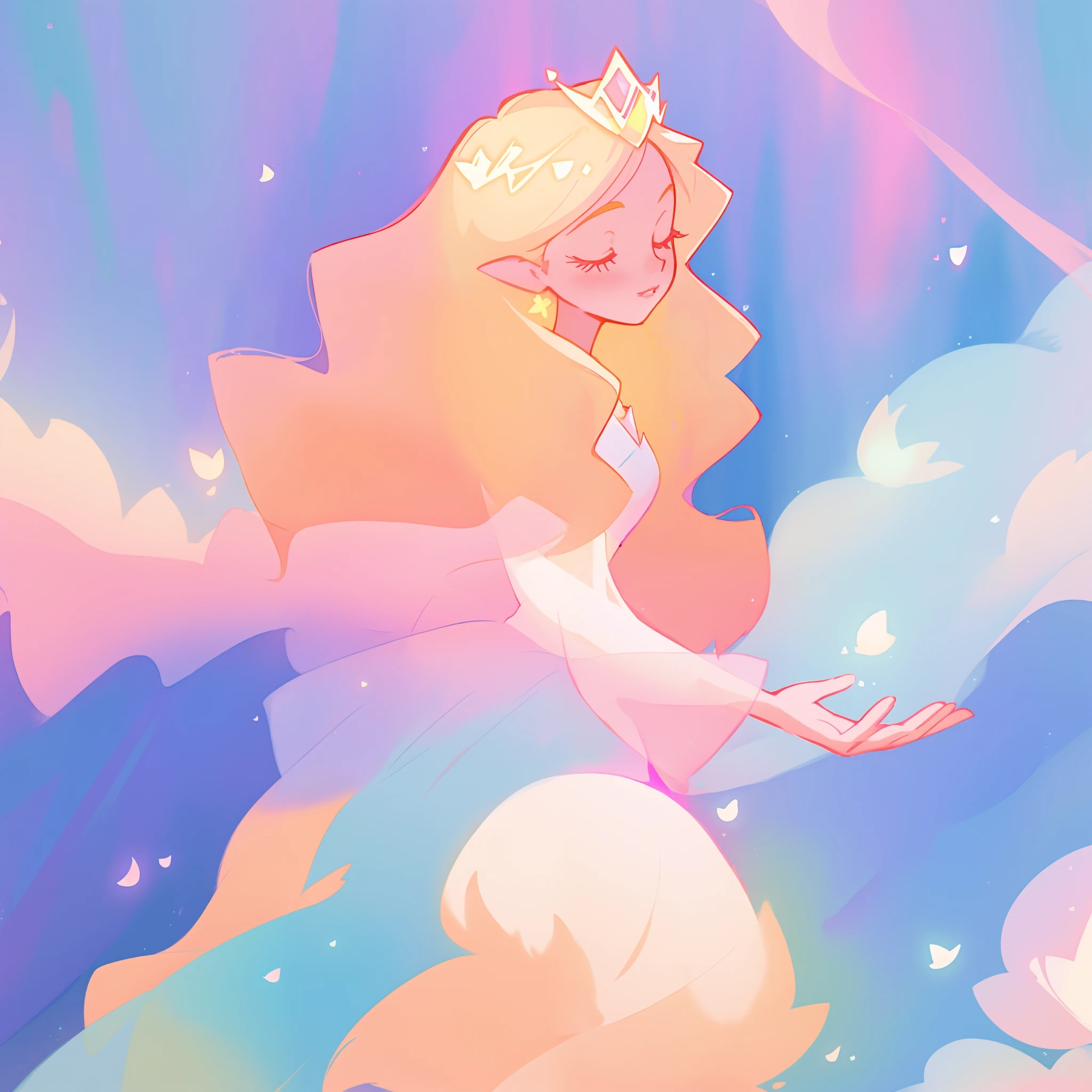 beautiful girl in pale pink princess puffy layered ballgown, sparkling white tiara, fairy dress, long peach and golden hair, watercolor illustration, inspired by Glen Keane, inspired by Lois van Baarle, disney art style, by Lois van Baarle, glowing aura around her, by Glen Keane, jen bartel, glowing lights! digital painting, flowing glowing hair, glowing flowing hair, beautiful digital illustration, fantasia otherworldly landscape plants flowers, beautiful, masterpiece, best quality, anime disney style