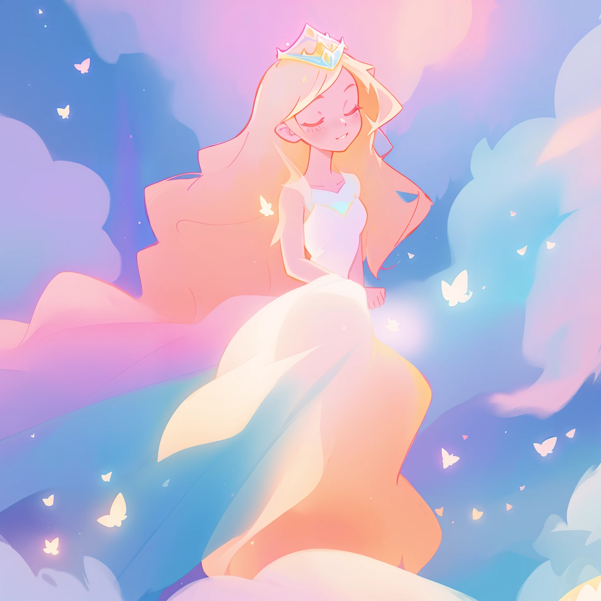 beautiful girl in pale pink princess puffy layered ballgown, sparkling white tiara, fairy dress, long peach and golden hair, watercolor illustration, inspired by Glen Keane, inspired by Lois van Baarle, disney art style, by Lois van Baarle, glowing aura around her, by Glen Keane, jen bartel, glowing lights! digital painting, flowing glowing hair, glowing flowing hair, beautiful digital illustration, fantasia otherworldly landscape plants flowers, beautiful, masterpiece, best quality, anime disney style