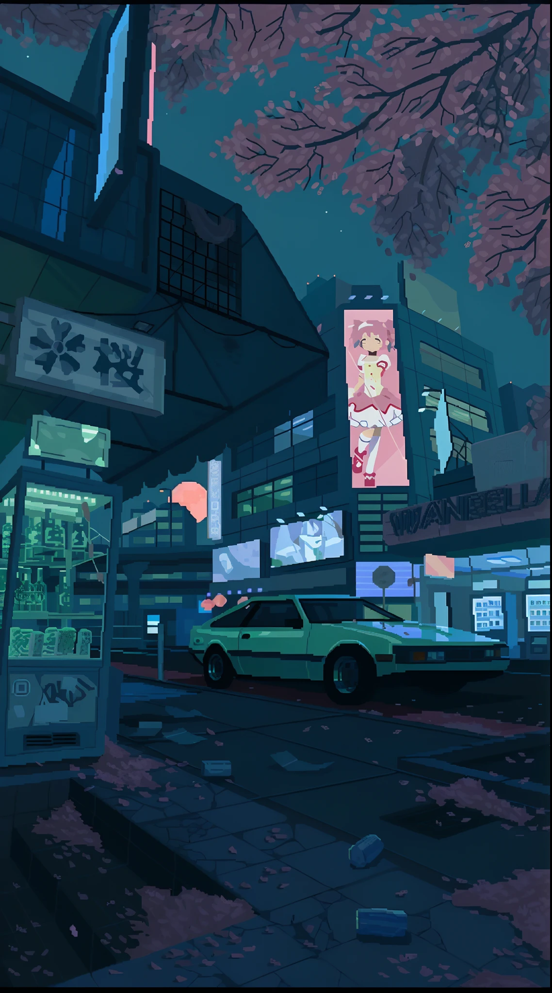 Night scene of a city street with a car and a bus, art deco outrun anime aesthestic, Elogio Artstyle, lo-fi retro videogame, Arte Lofi, 8 0 s vibe anime, Cyberpunk Pixel Art, arte lo-fi, 9 0 s anime aesthetic, lo-fi illustration style, anime aesthetic, cores lofi, Cyberpunk aesthetics